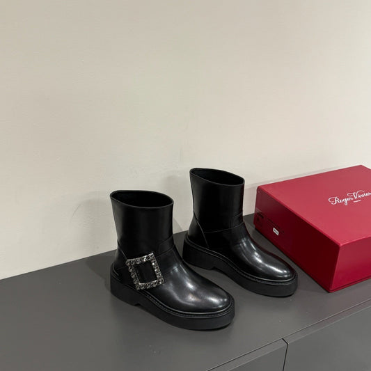 VIV' RANGERS CHELSEA ANKLE BOOTS IN BLACK CALFSKIN WITH BLACK CRYSTAL BUCKLE - 35
