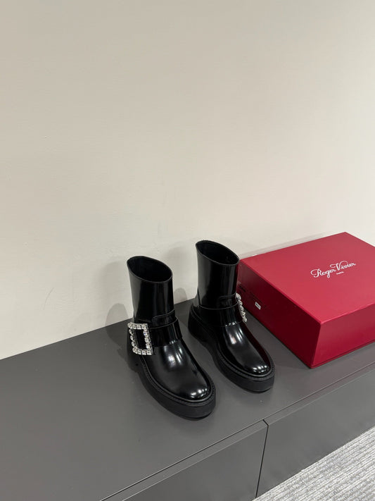 VIV' RANGERS CHELSEA ANKLE BOOTS IN BLACK CALFSKIN WITH SILVER CRYSTAL BUCKLE - 35