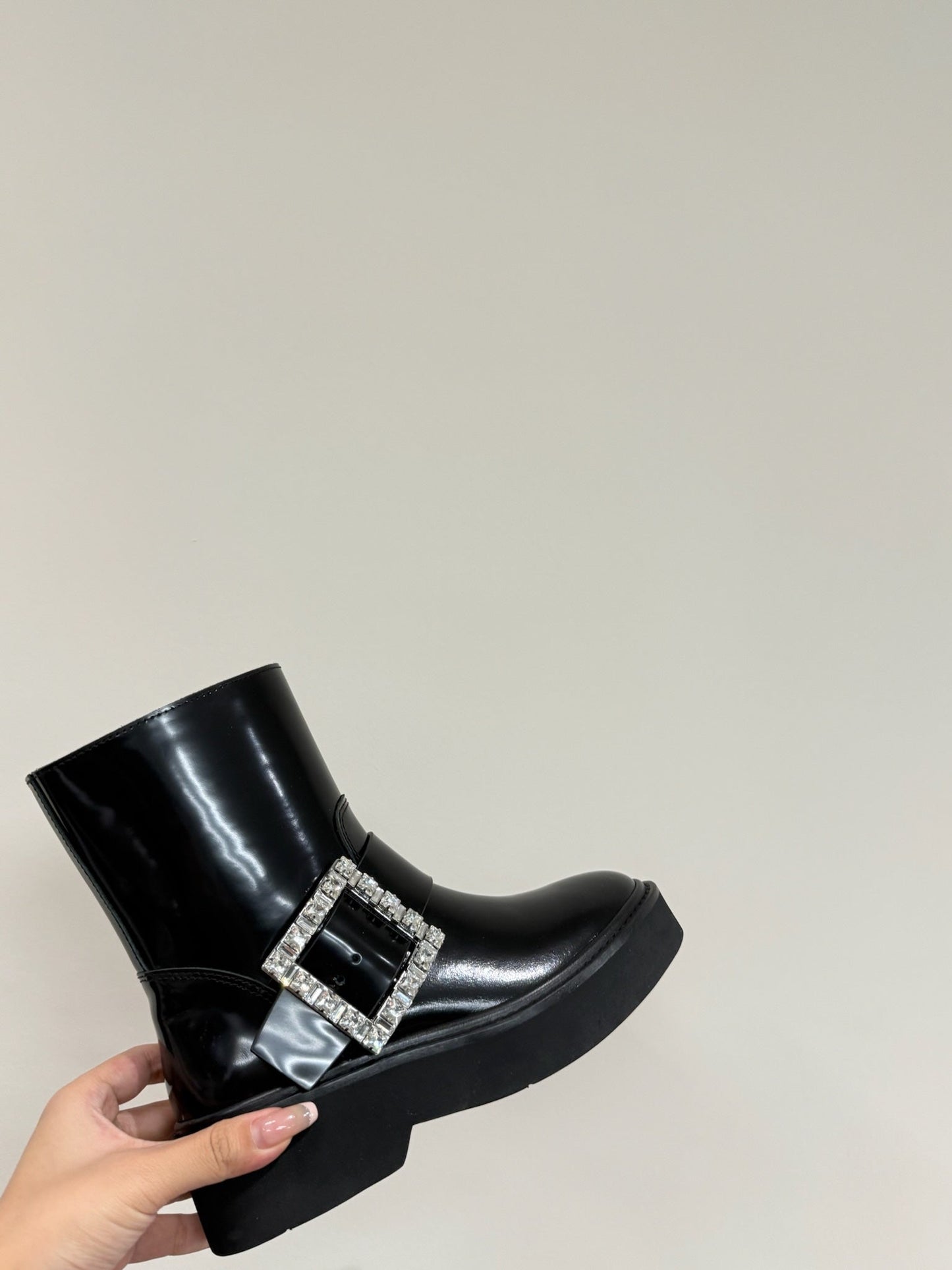 VIV' RANGERS CHELSEA ANKLE BOOTS IN BLACK CALFSKIN WITH SILVER CRYSTAL BUCKLE - 35