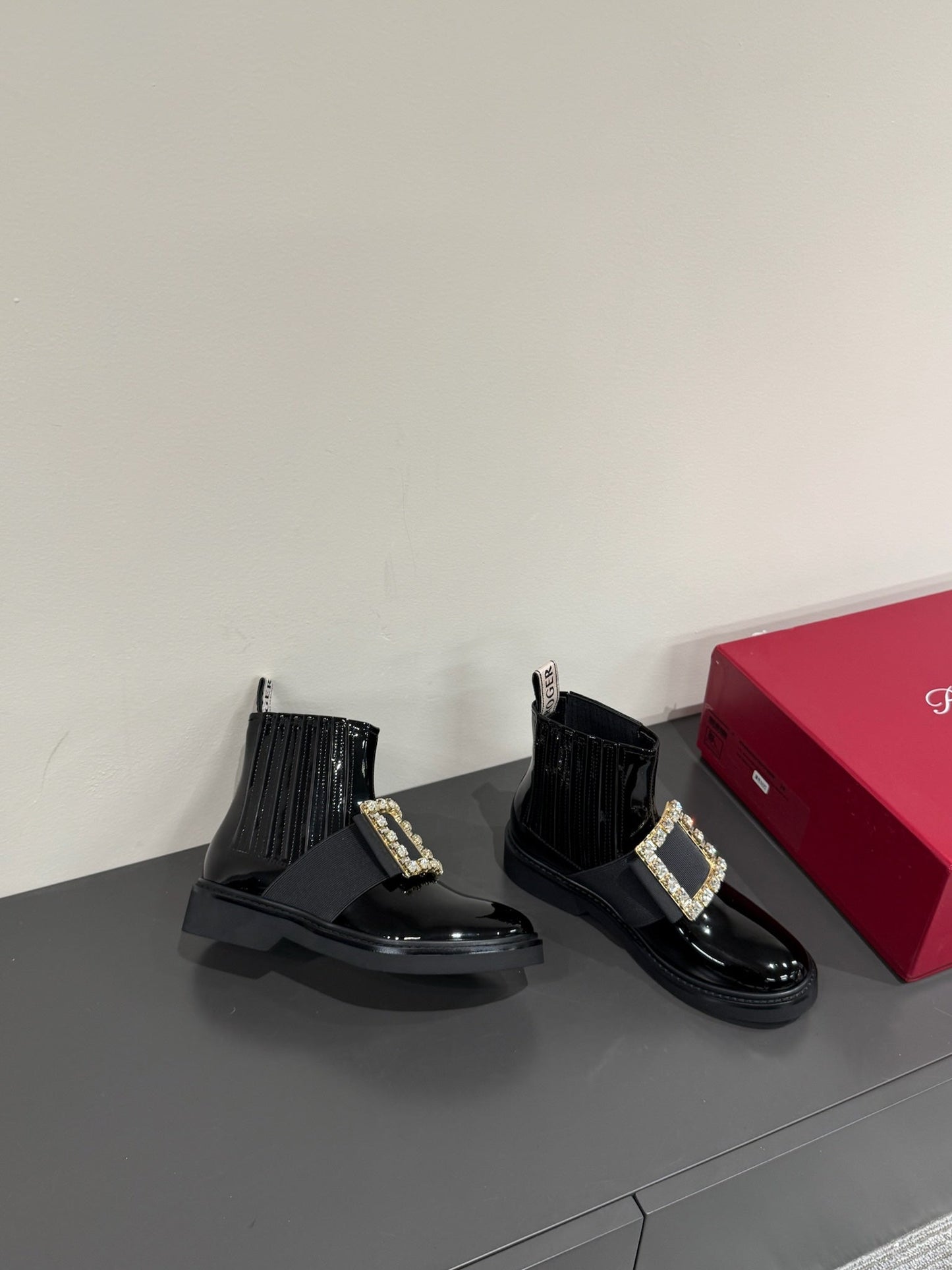 VIV' RANGERS CHELSEA BOOTIES IN GLOSSY BLACK CALFSKIN CRYSTAL BUCKLE - 35