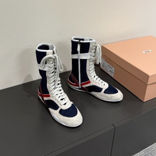 LACE-UP BOOTS IN BEIGE SUEDE AND NAVY MESH - 35