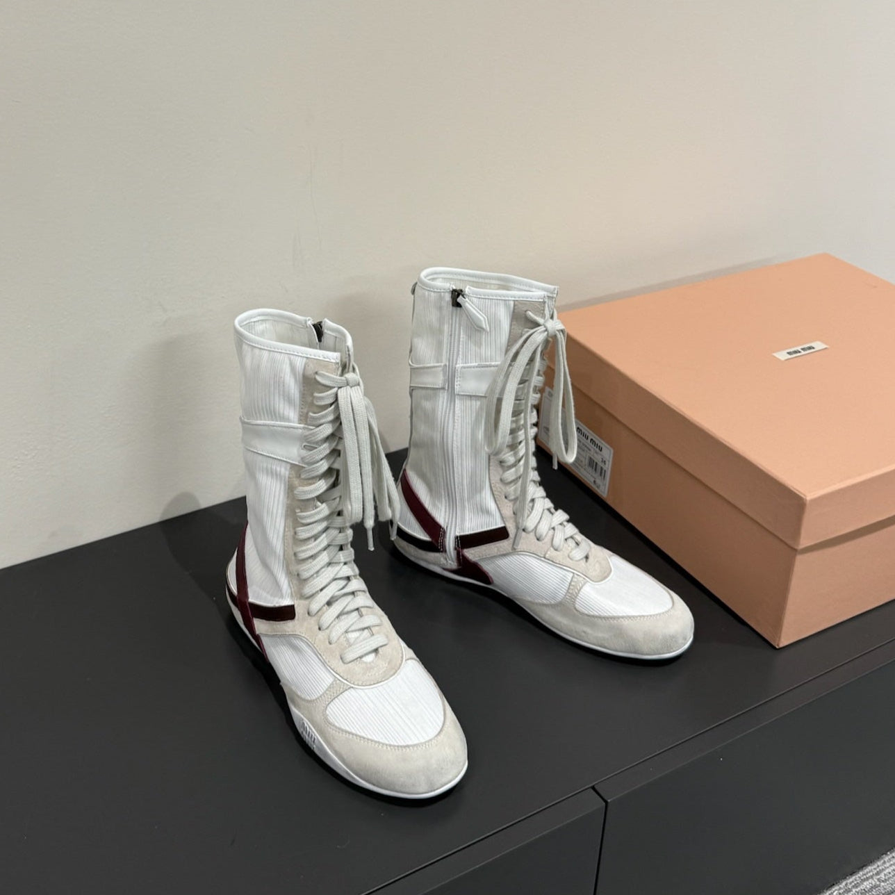 LACE-UP BOOTS IN BEIGE SUEDE AND WHITE MESH - 35