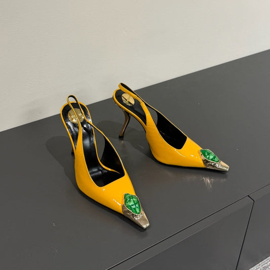 GREEN GEM-STUDDED SLINGBACK PUMPS IN YELLOW PATENT CALFSKIN - 35