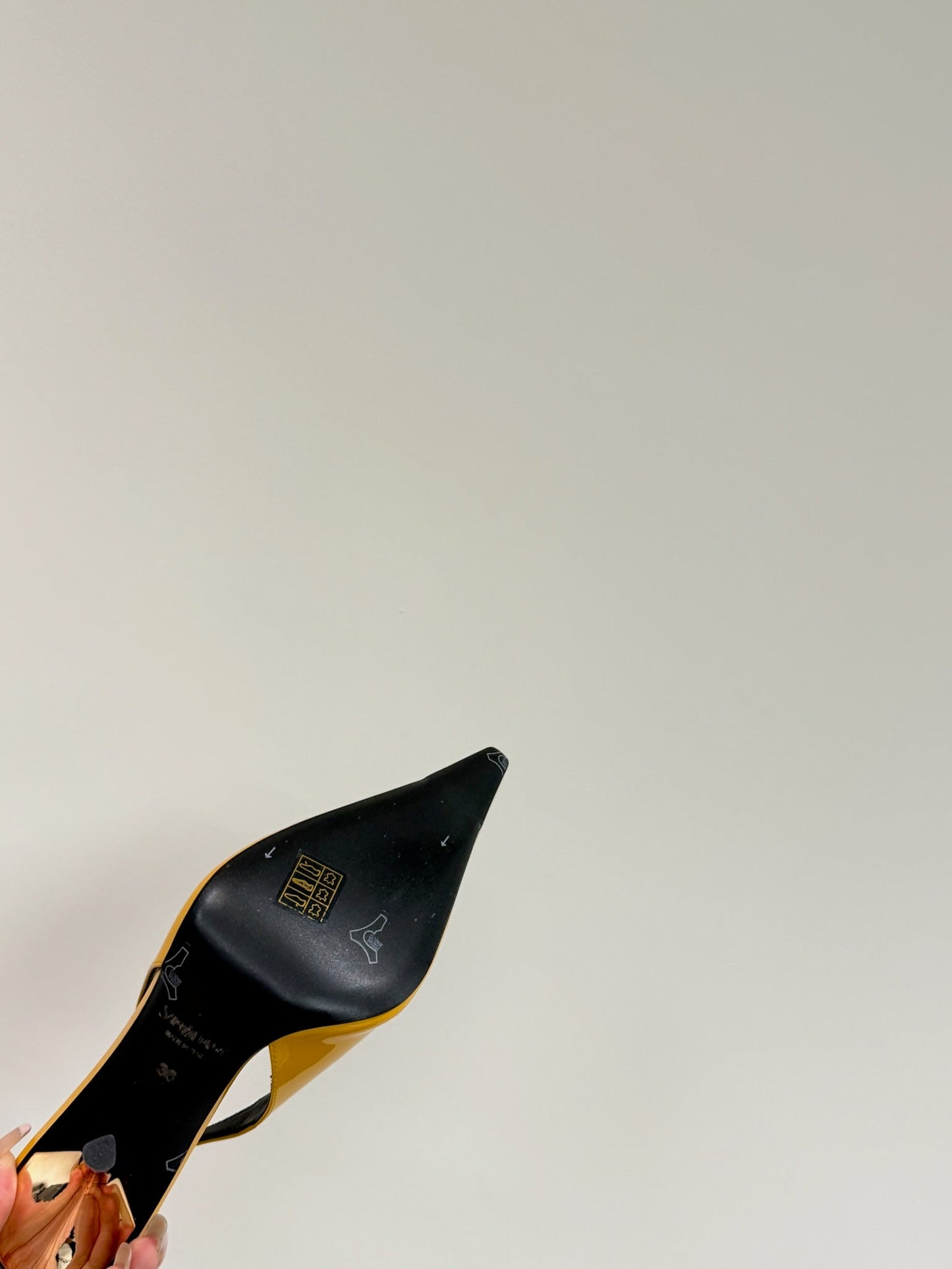 GREEN GEM-STUDDED SLINGBACK PUMPS IN YELLOW PATENT CALFSKIN - 35