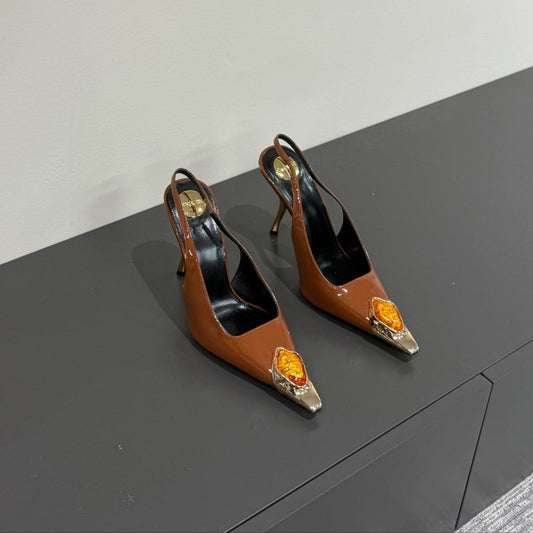 ORANGE GEM-STUDDED SLINGBACK PUMPS IN BRONZE BROWN PATENT CALFSKIN - 35