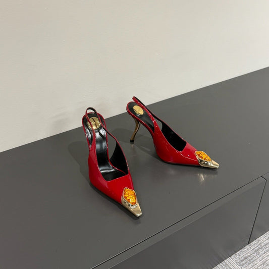ORANGE GEM-STUDDED SLINGBACK PUMPS IN RED PATENT CALFSKIN - 35