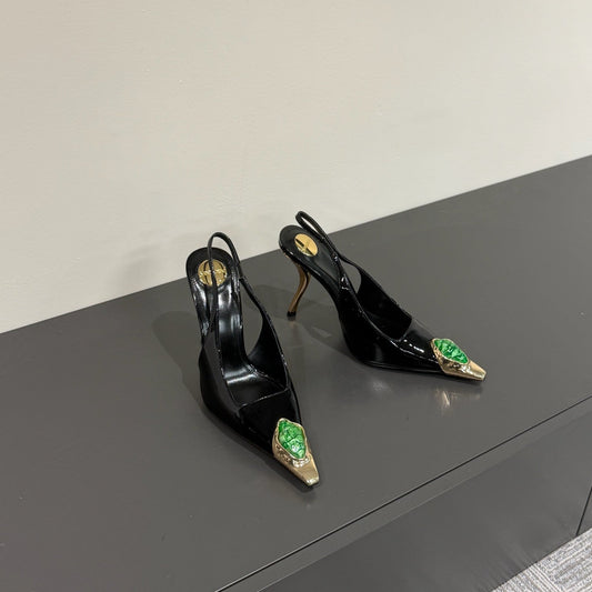 GREEN GEM-STUDDED SLINGBACK PUMPS IN BLACK PATENT CALFSKIN - 35