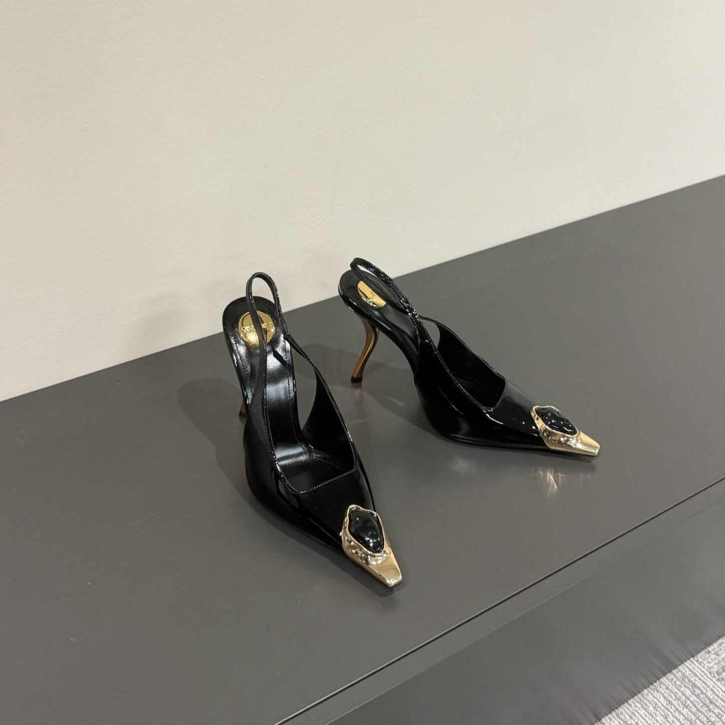BLACK GEM-STUDDED SLINGBACK PUMPS IN BLACK PATENT CALFSKIN - 35