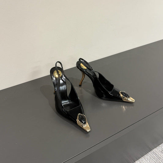 BLACK GEM-STUDDED SLINGBACK PUMPS IN BLACK PATENT CALFSKIN - 35