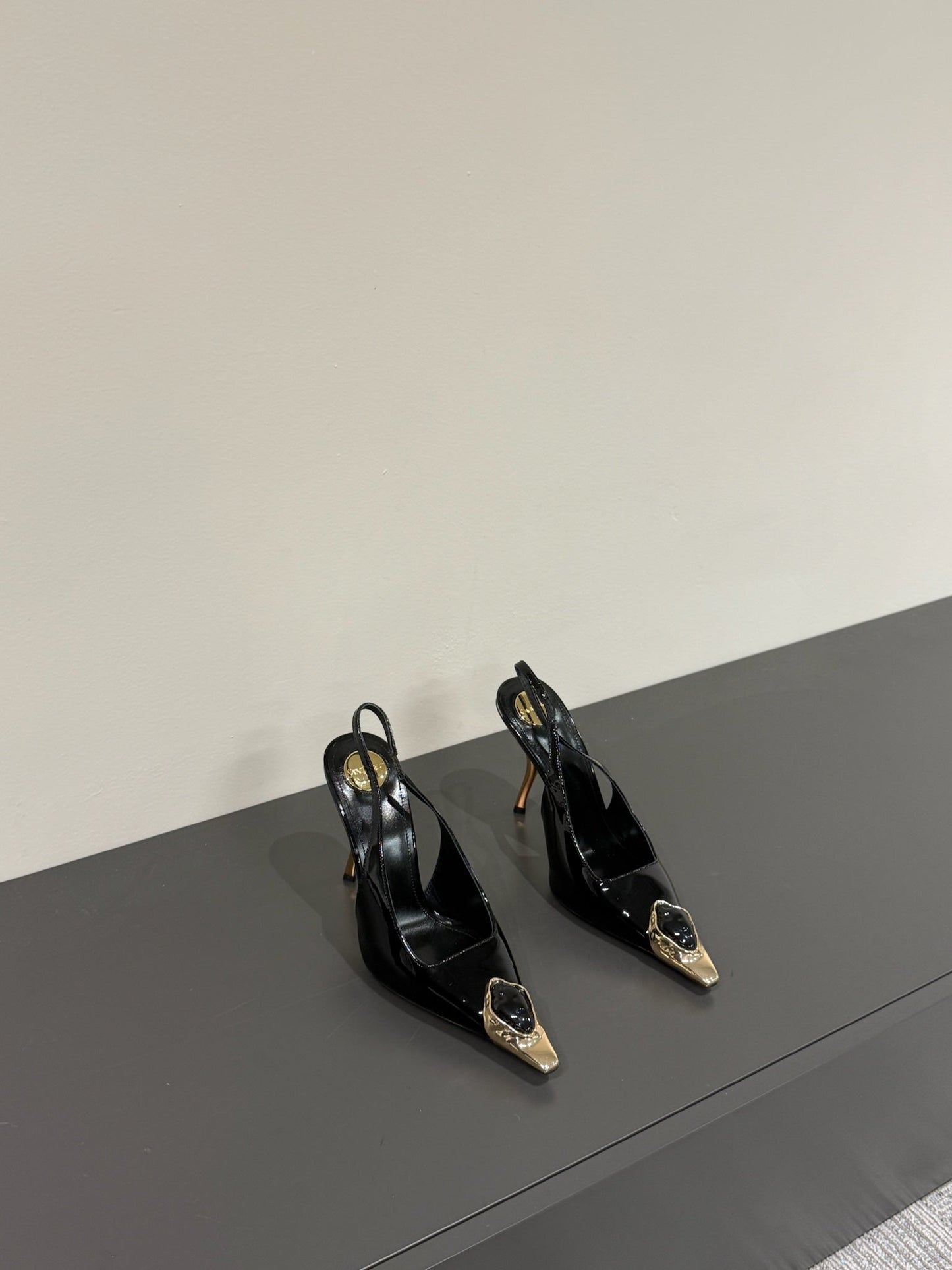 BLACK GEM-STUDDED SLINGBACK PUMPS IN BLACK PATENT CALFSKIN - 35