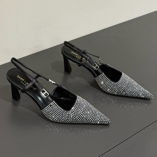 HIGH SLINGBACKS POINTED-TOE IN BLACK LAMBSKIN WITH SILVER CRYSTALS - 35