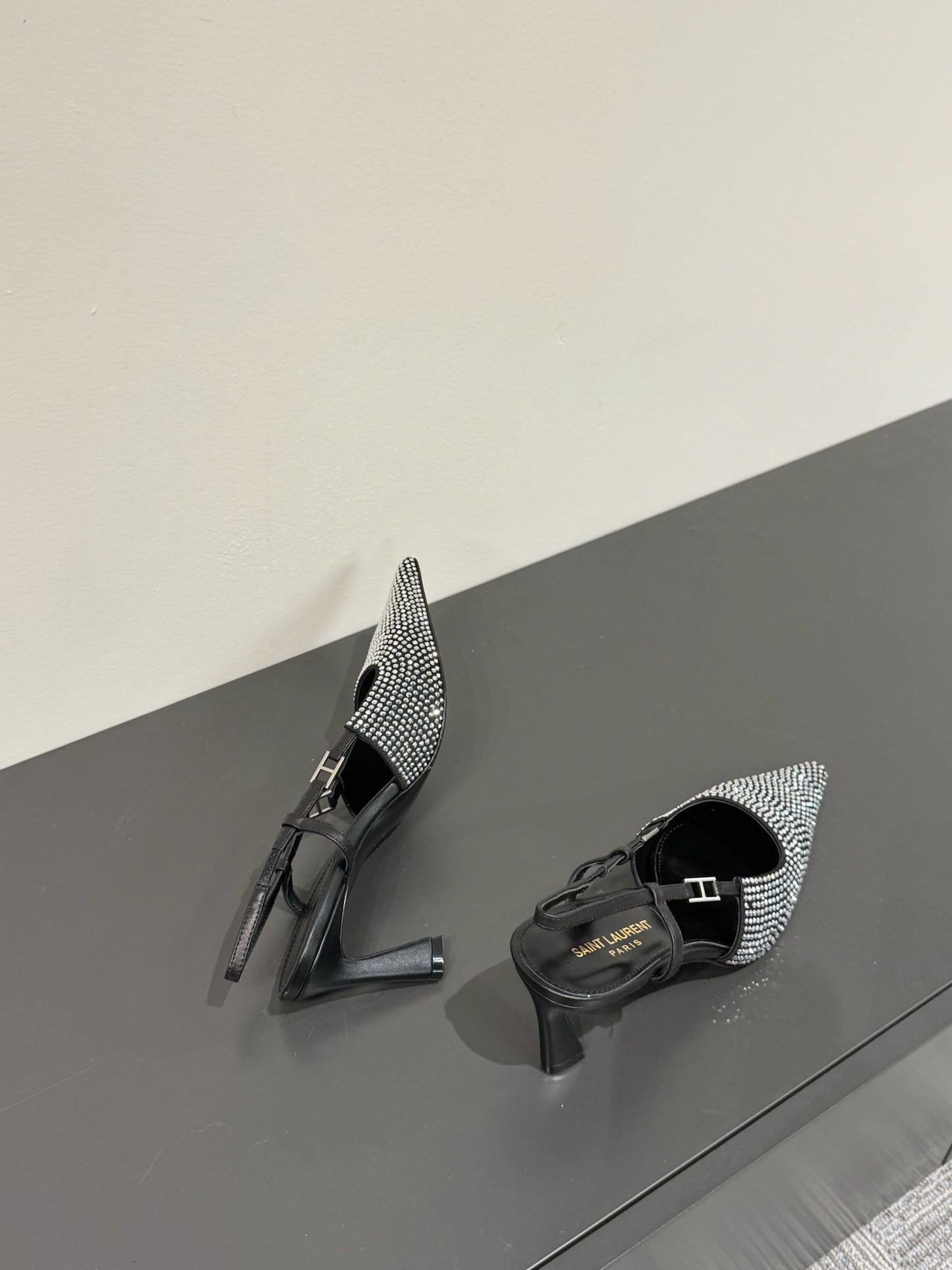 HIGH SLINGBACKS POINTED-TOE IN BLACK LAMBSKIN WITH SILVER CRYSTALS - 35