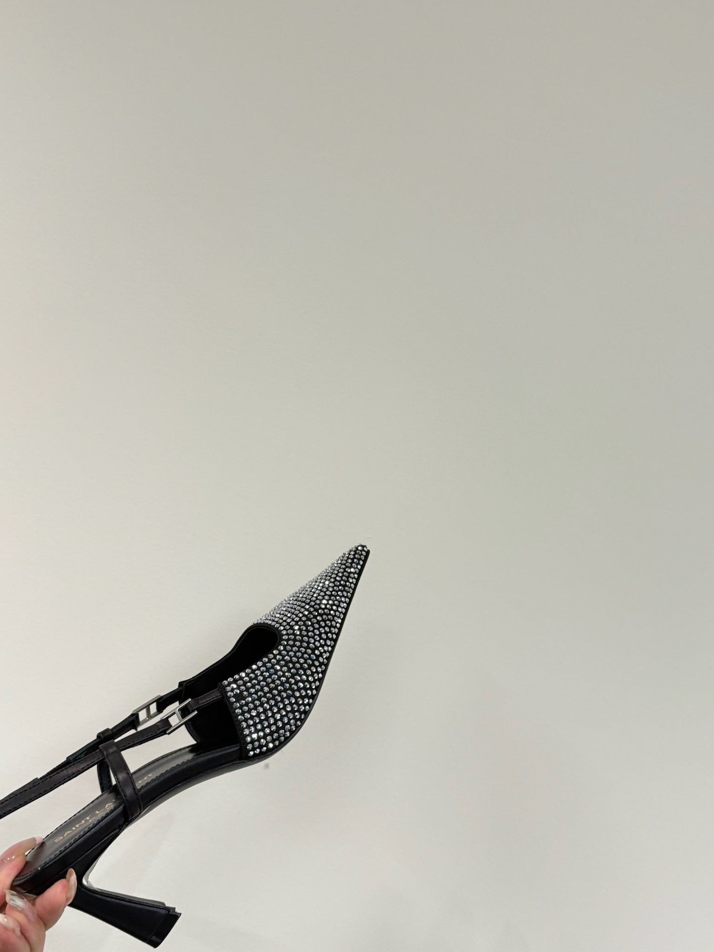 HIGH SLINGBACKS POINTED-TOE IN BLACK LAMBSKIN WITH SILVER CRYSTALS - 35