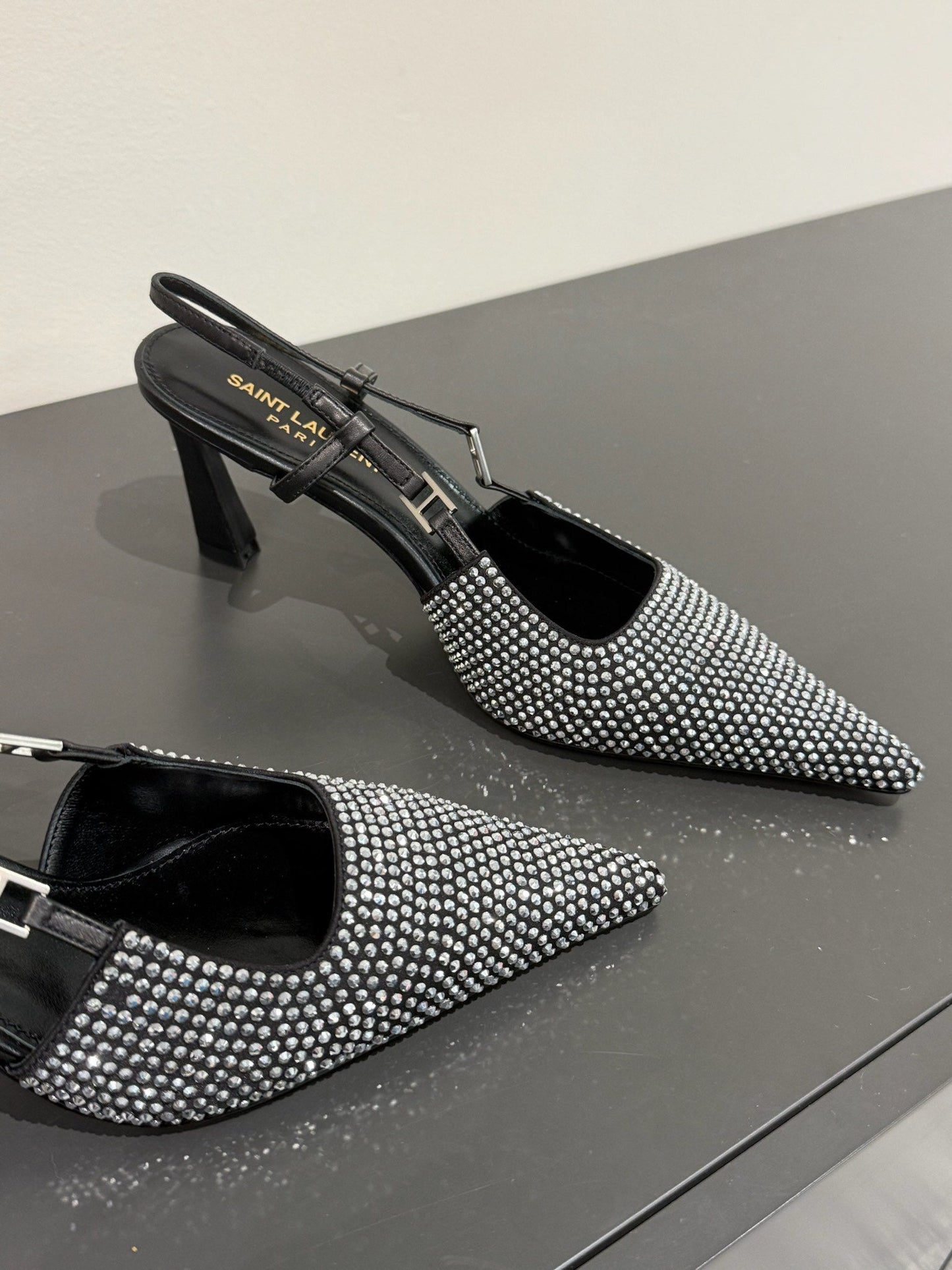 HIGH SLINGBACKS POINTED-TOE IN BLACK LAMBSKIN WITH SILVER CRYSTALS - 35