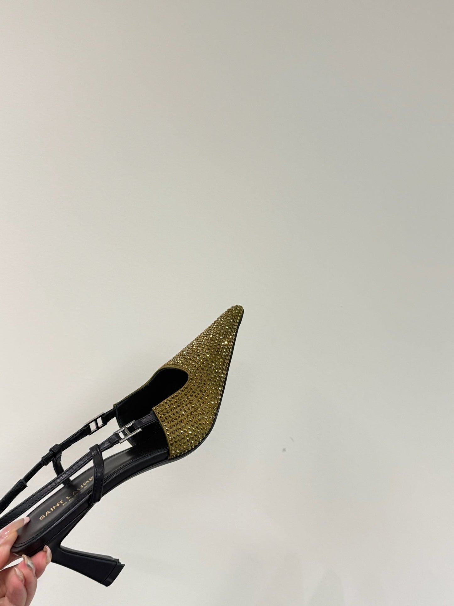 HIGH SLINGBACKS POINTED-TOE IN METALLIC GOLD LAMBSKIN WITH CRYSTALS - 35