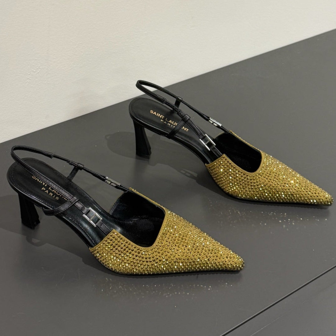 HIGH SLINGBACKS POINTED-TOE IN METALLIC GOLD LAMBSKIN WITH CRYSTALS - 35