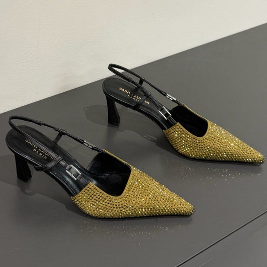 HIGH SLINGBACKS POINTED-TOE IN METALLIC GOLD LAMBSKIN WITH CRYSTALS - 35