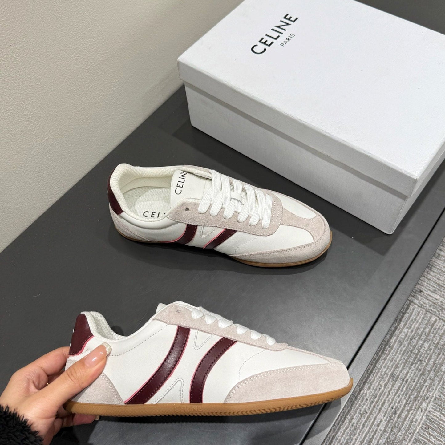 JOGGER LOW LACE-UP SNEAKER IN CALFSKIN & SUEDE WHITE/BEIGE/RED - 35