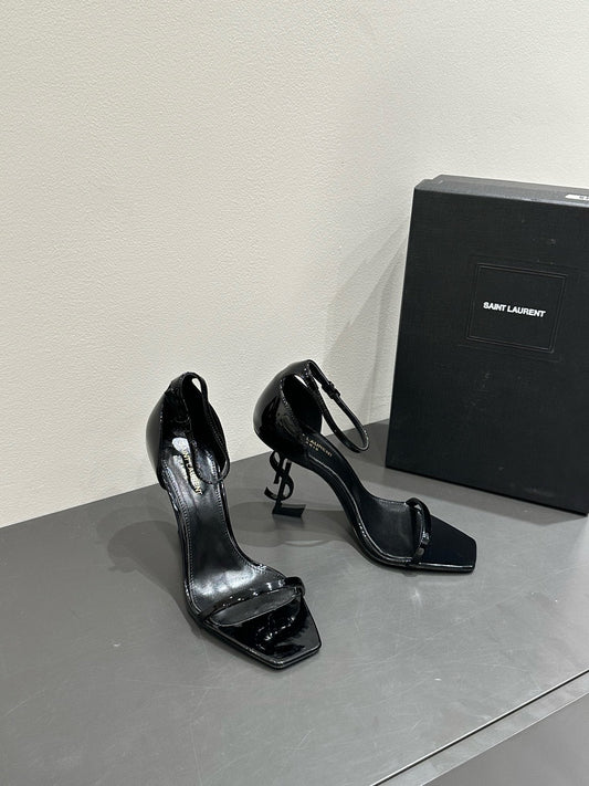 YSL HEELED SANDALS 25S 105 MM IN BLACK GLOSSY LAMBSKIN - 34