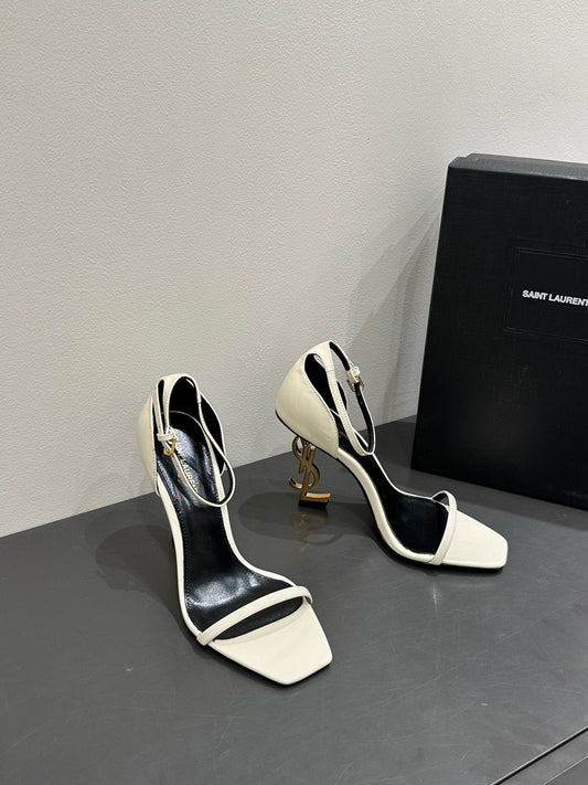 YSL HEELED SANDALS 25S 105 MM IN CREAM WHITE LAMBSKIN - 34