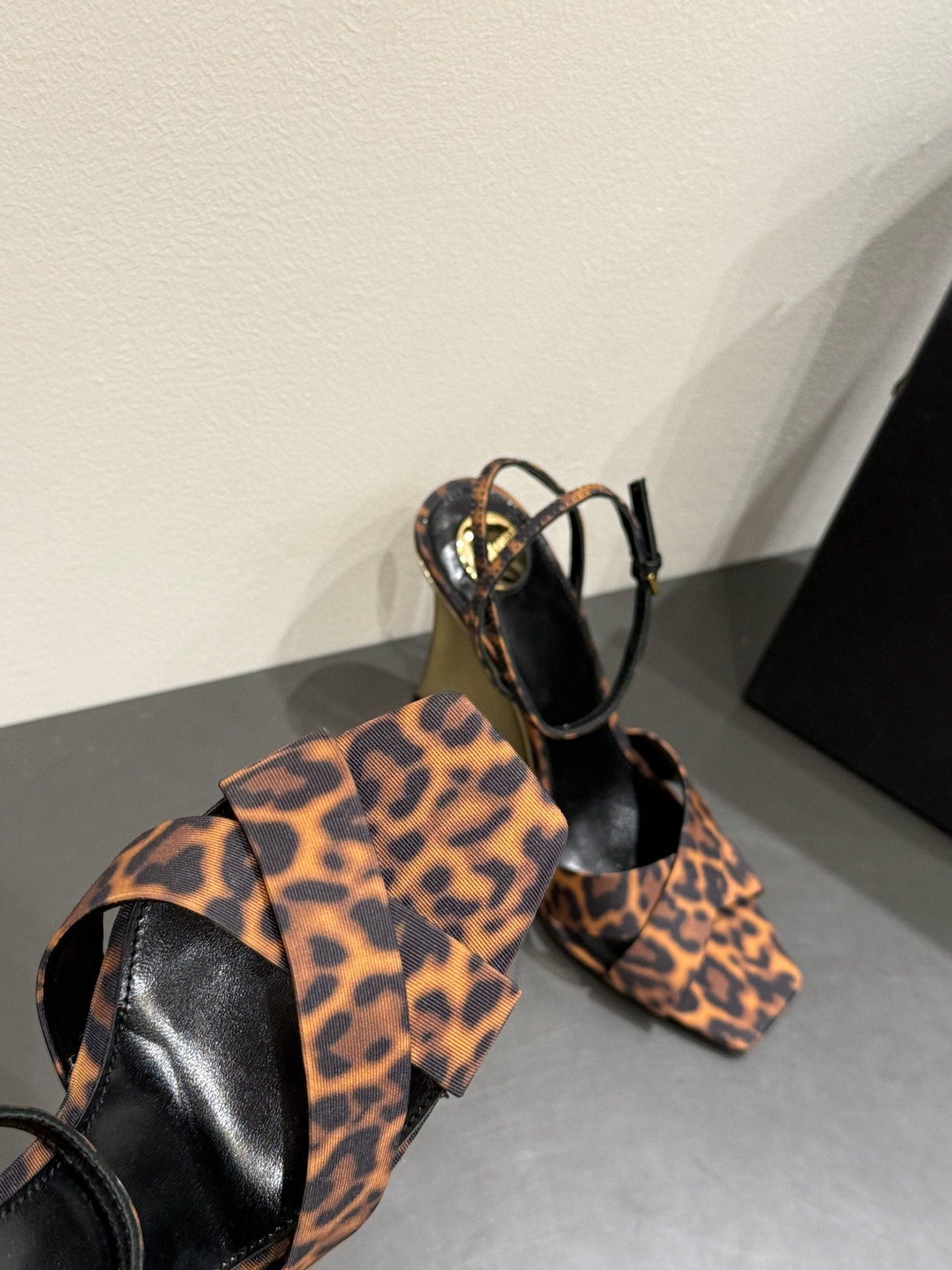 YSL STRAPPY WEDGE SANDALS 25S IN LEOPARD PRINT FABRIC - 35