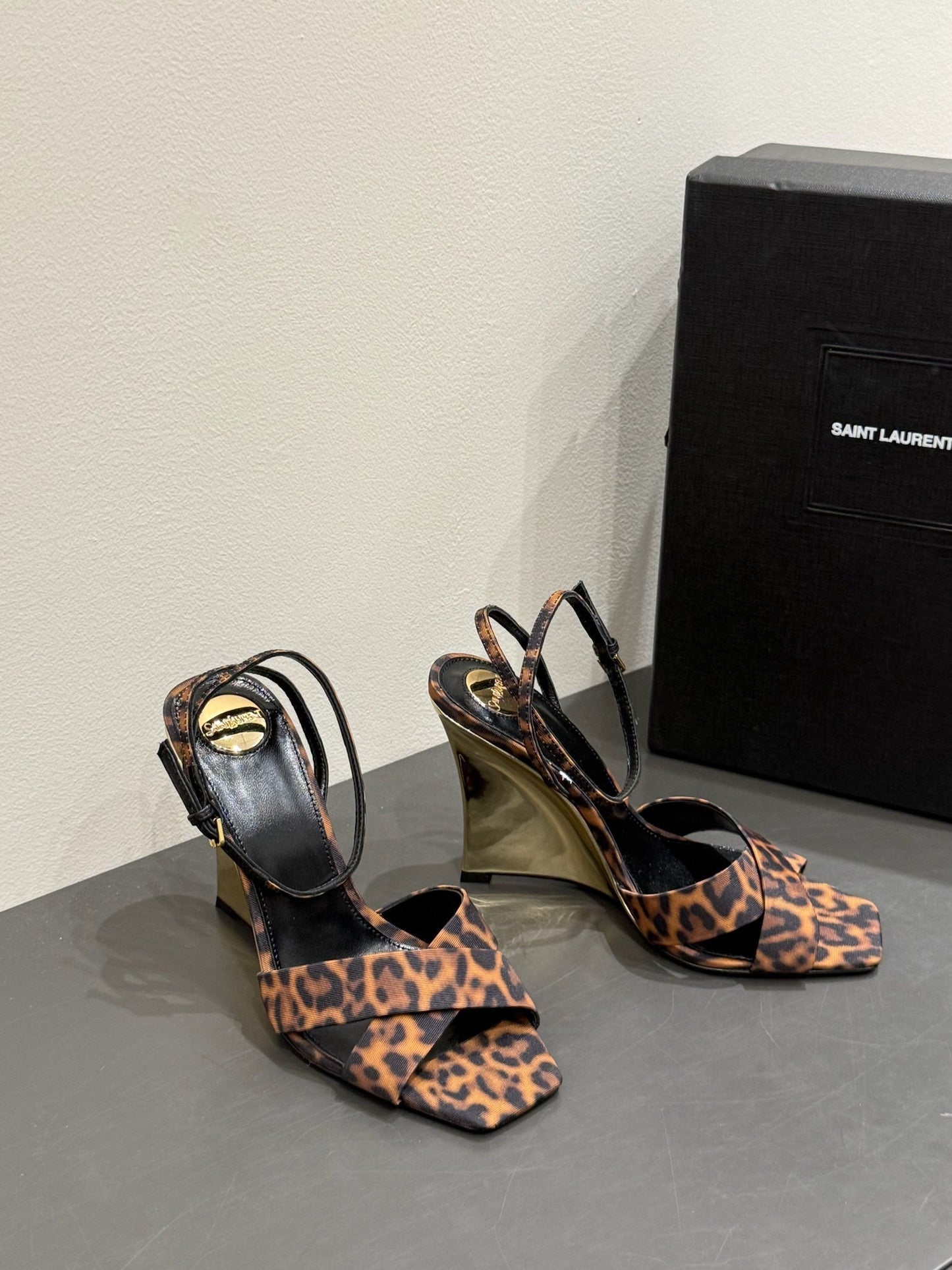 YSL STRAPPY WEDGE SANDALS 25S IN LEOPARD PRINT FABRIC - 35