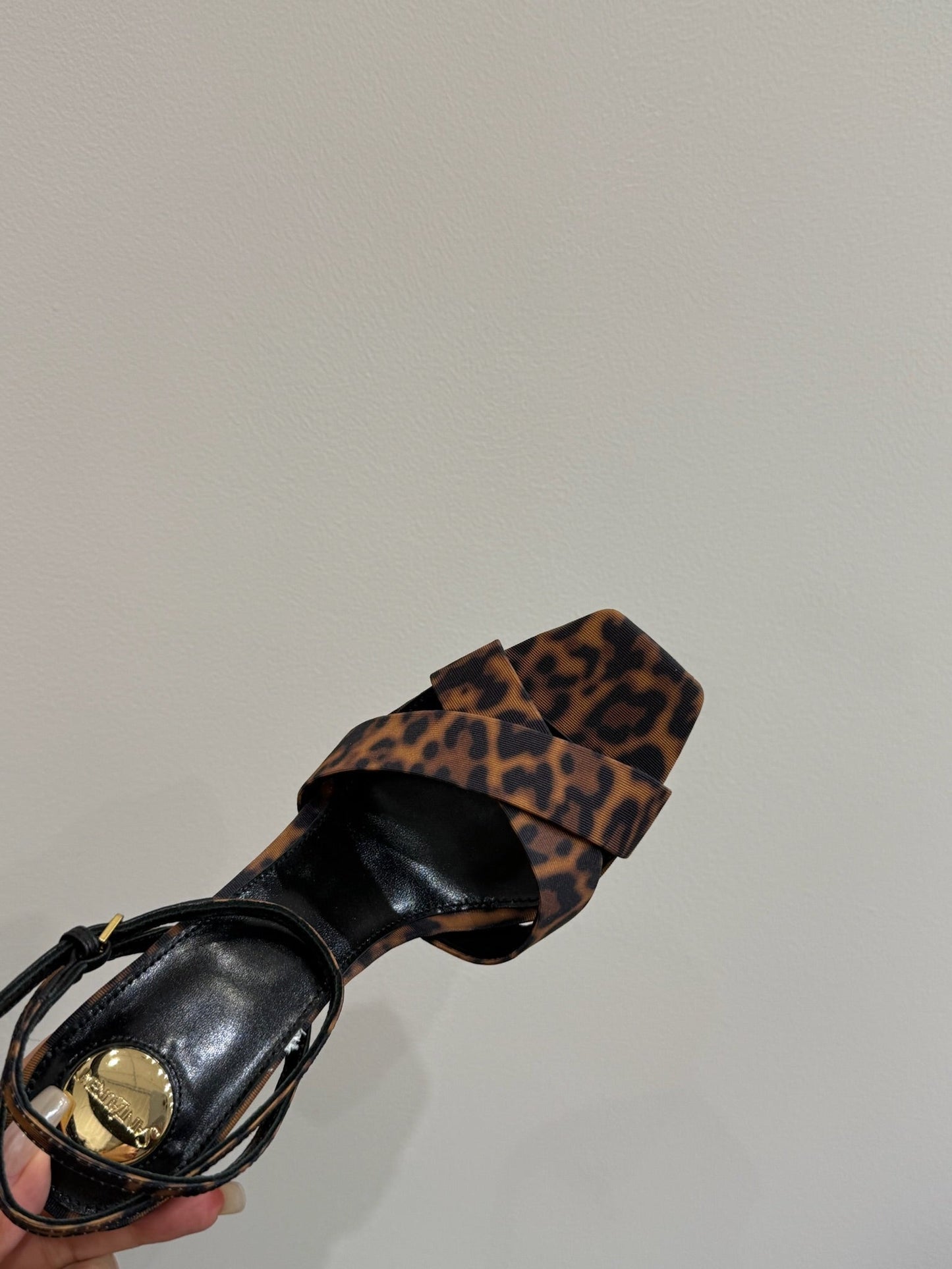 YSL STRAPPY WEDGE SANDALS 25S IN LEOPARD PRINT FABRIC - 35