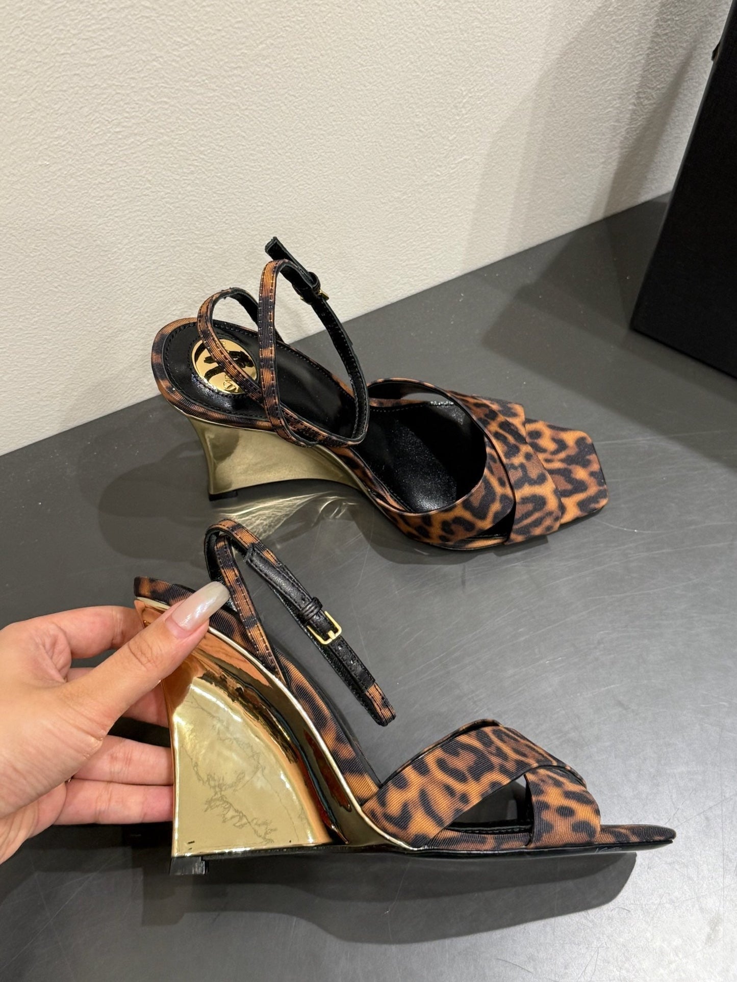 YSL STRAPPY WEDGE SANDALS 25S IN LEOPARD PRINT FABRIC - 35