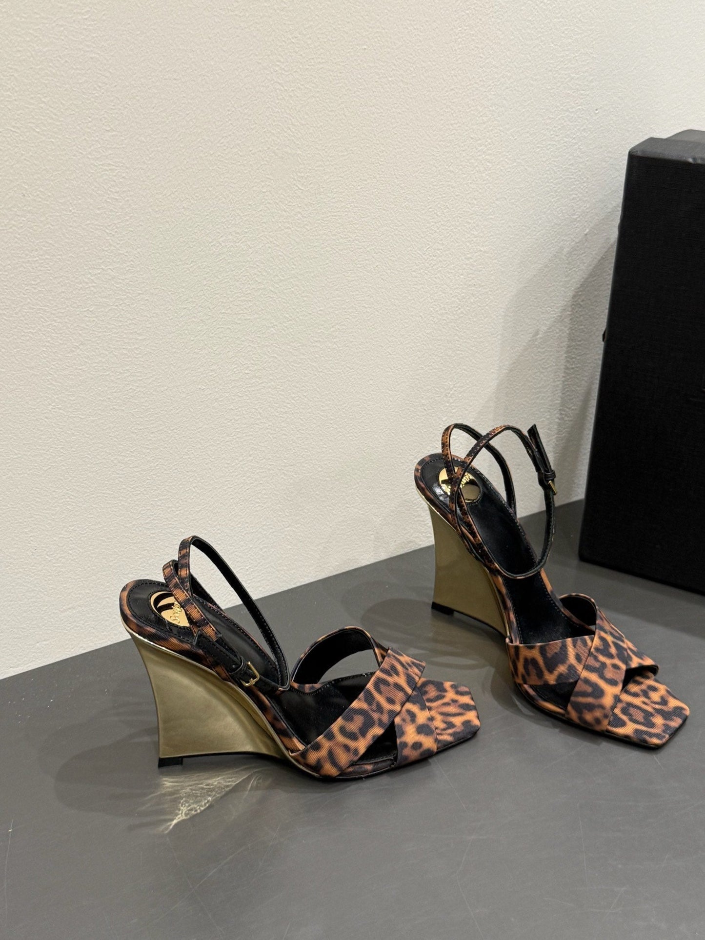 YSL STRAPPY WEDGE SANDALS 25S IN LEOPARD PRINT FABRIC - 35