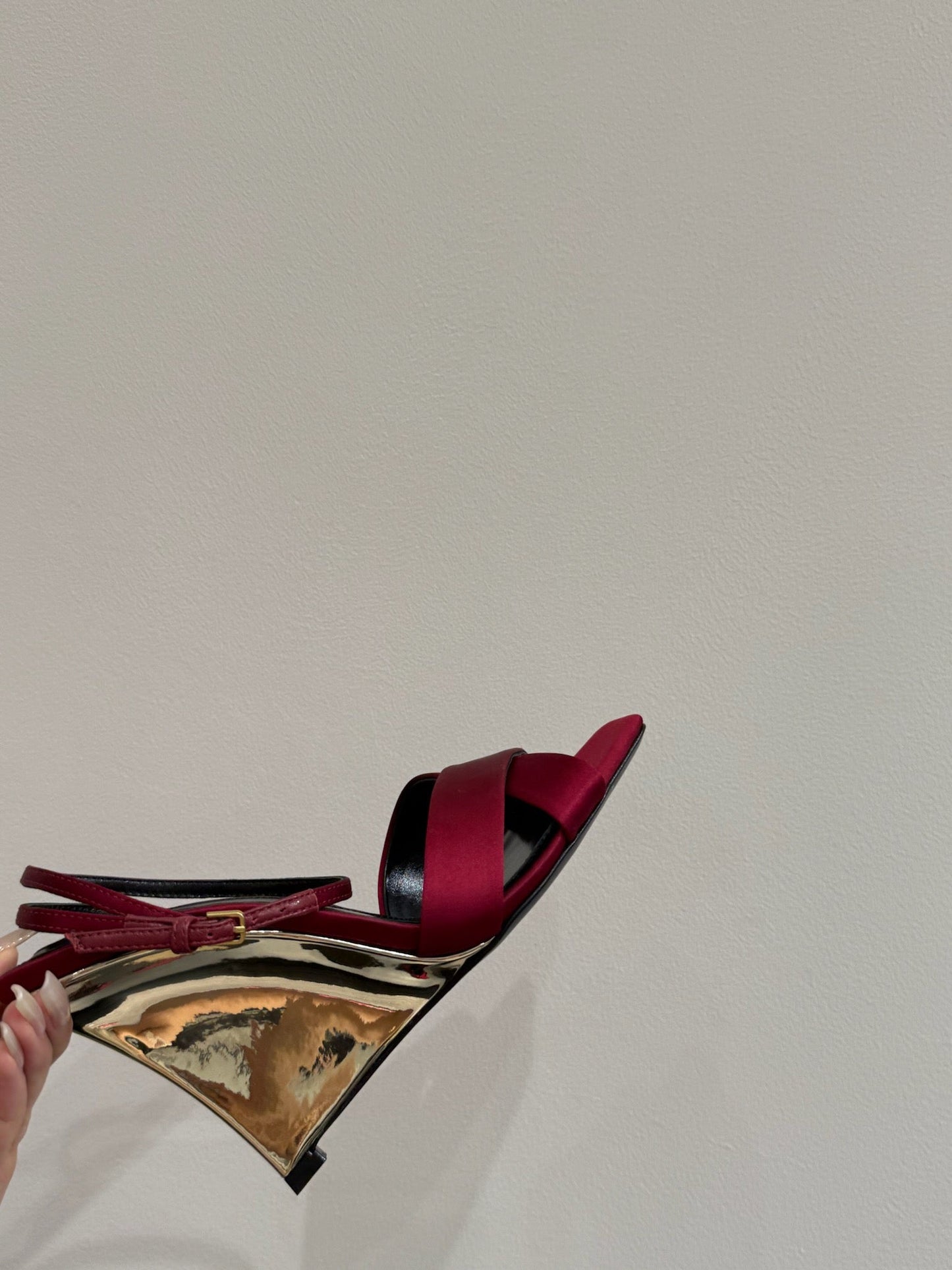 YSL STRAPPY WEDGE SANDALS 25S IN DARK RED SATIN - 35