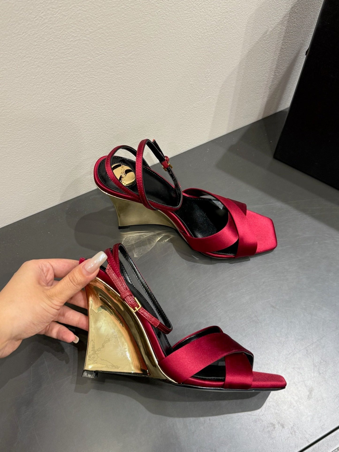 YSL STRAPPY WEDGE SANDALS 25S IN DARK RED SATIN - 35