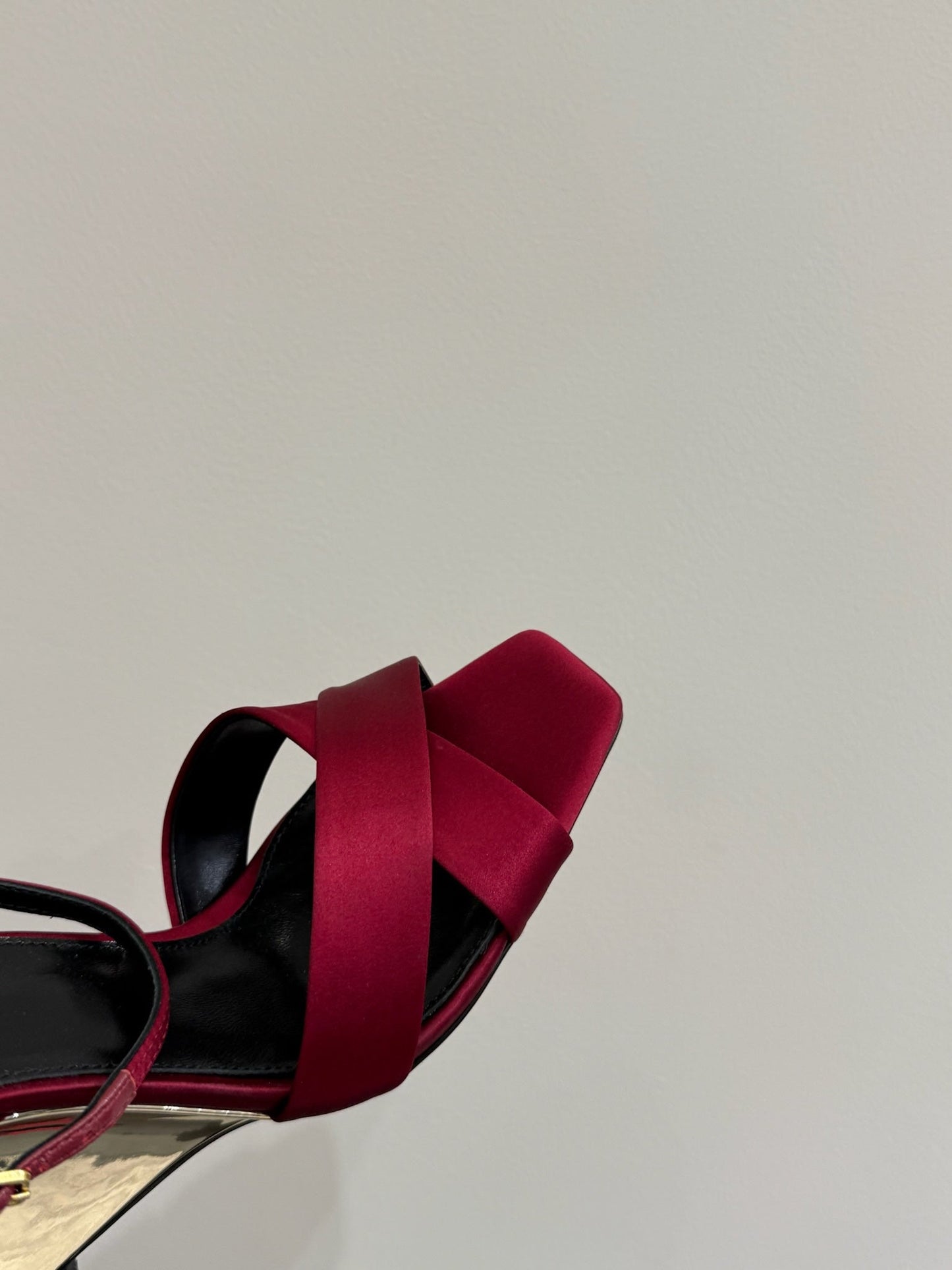 YSL STRAPPY WEDGE SANDALS 25S IN DARK RED SATIN - 35