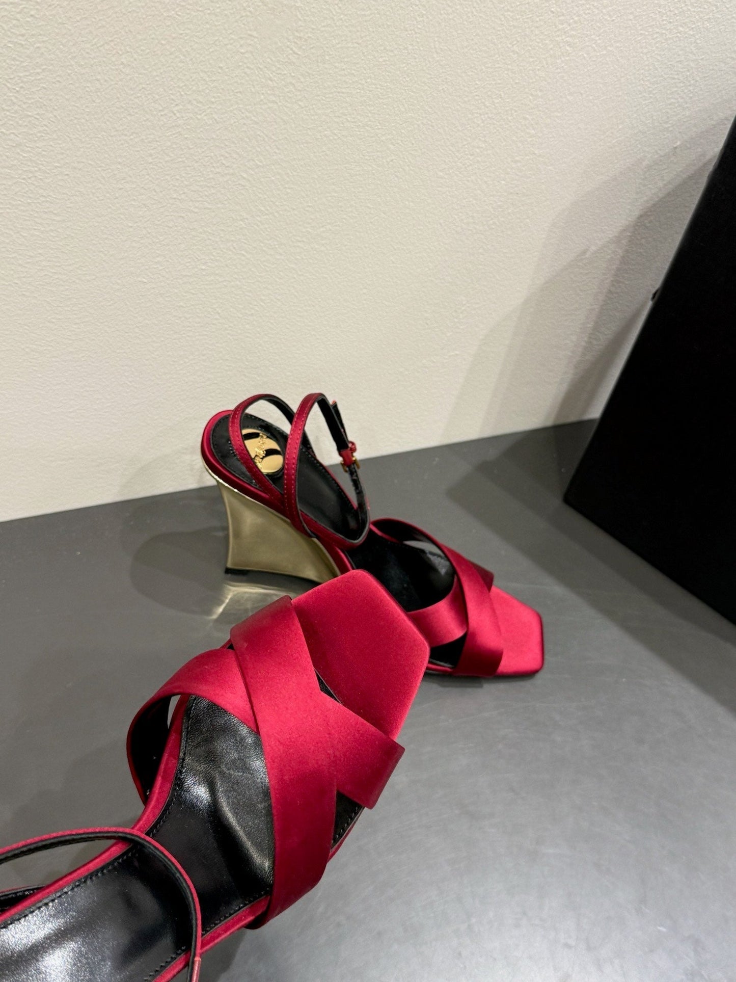 YSL STRAPPY WEDGE SANDALS 25S IN DARK RED SATIN - 35