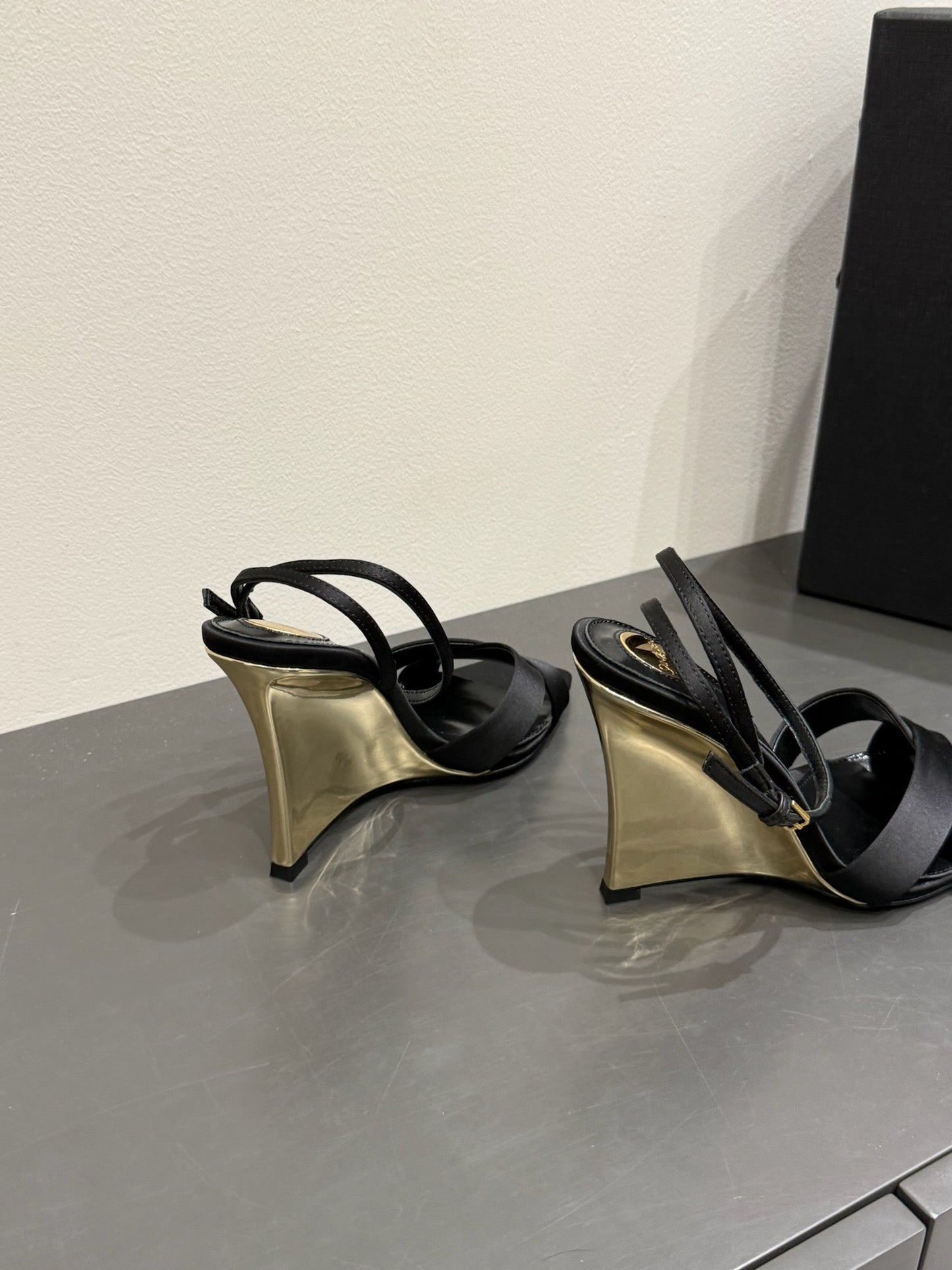 YSL STRAPPY WEDGE SANDALS 25S IN BLACK SATIN - 35