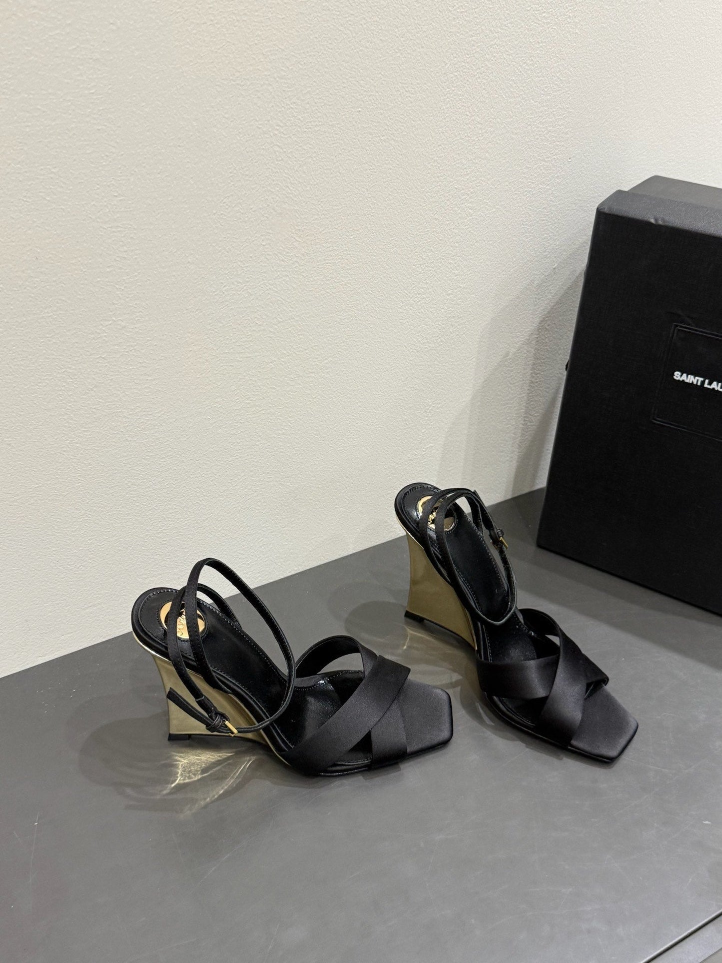 YSL STRAPPY WEDGE SANDALS 25S IN BLACK SATIN - 35