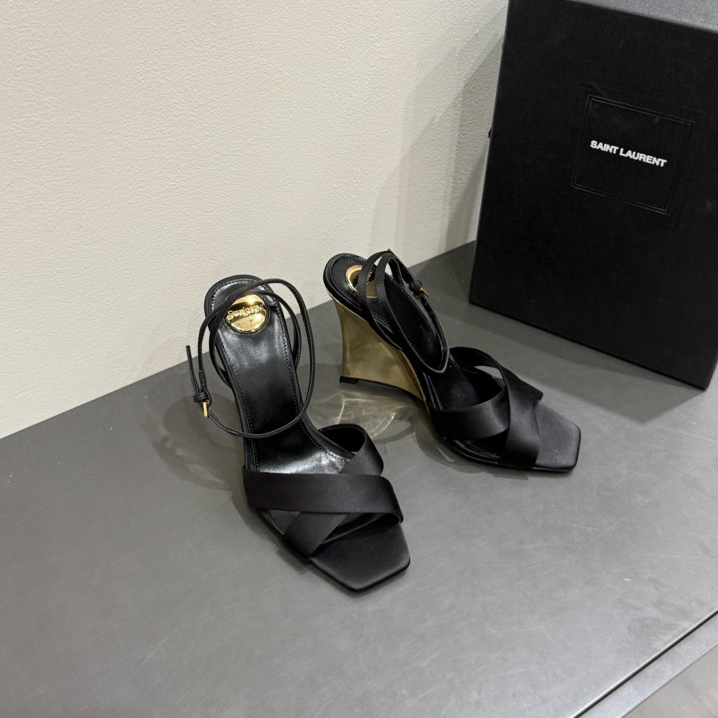 YSL STRAPPY WEDGE SANDALS 25S IN BLACK SATIN - 35