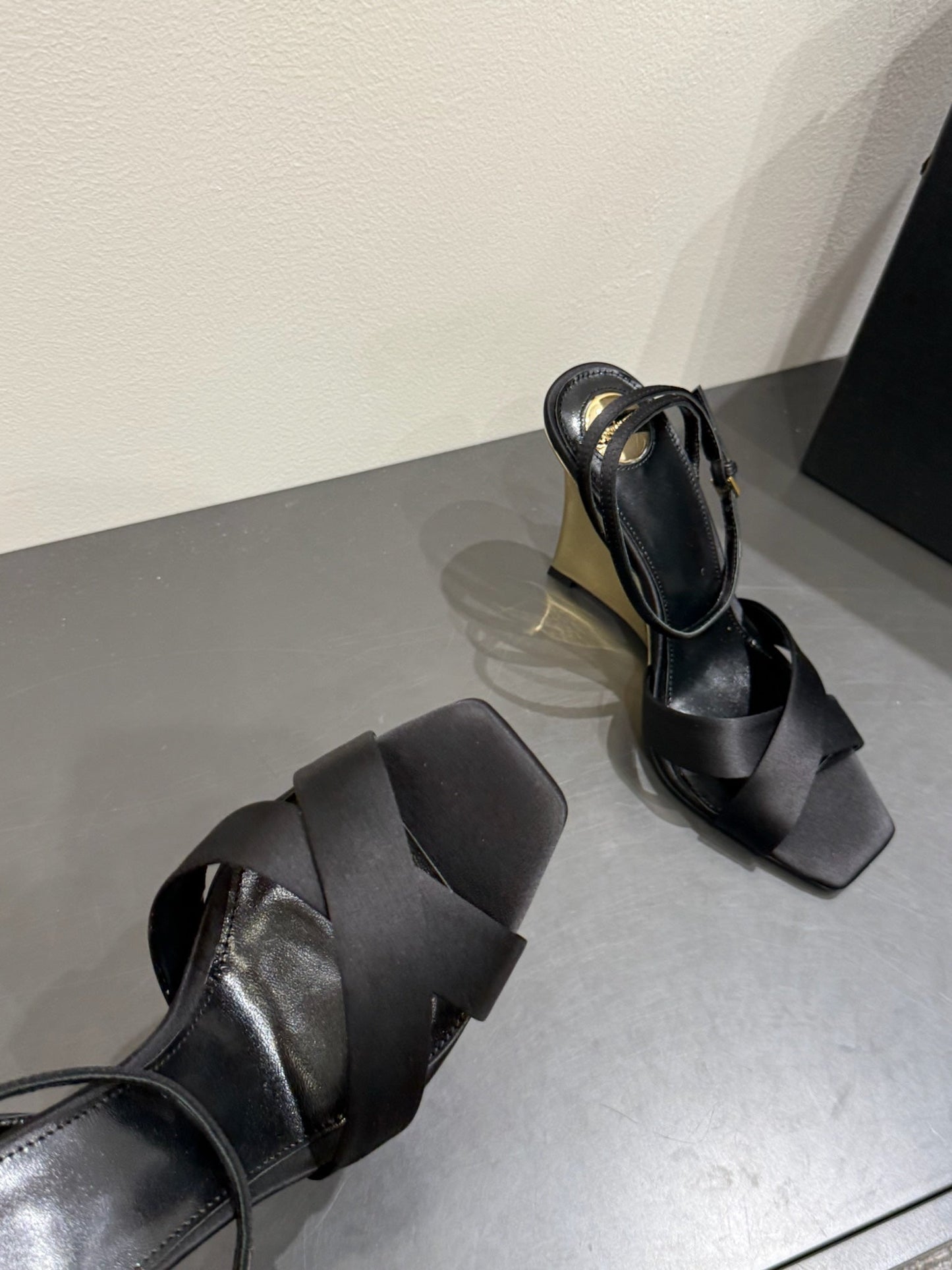 YSL STRAPPY WEDGE SANDALS 25S IN BLACK SATIN - 35