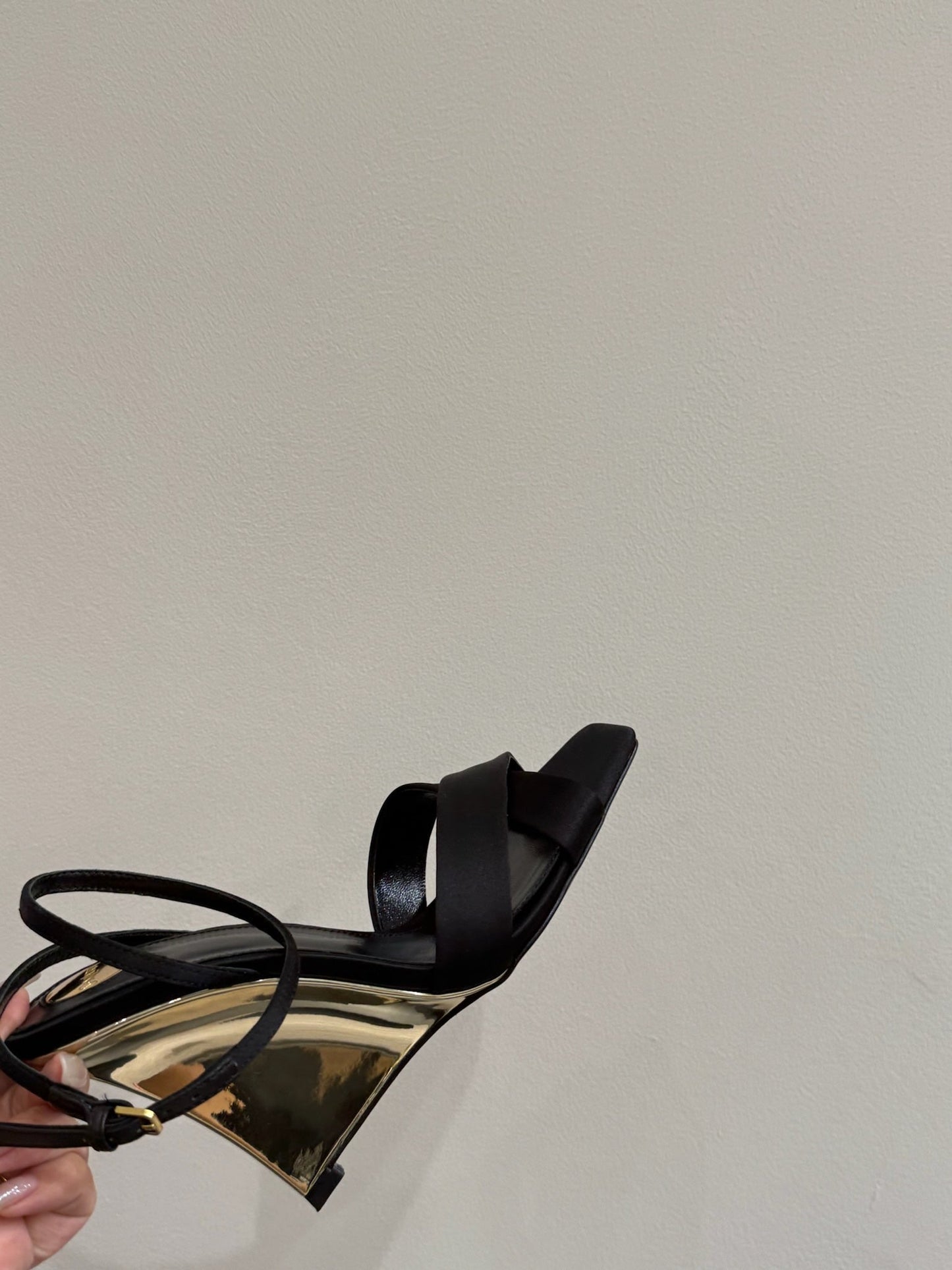 YSL STRAPPY WEDGE SANDALS 25S IN BLACK SATIN - 35
