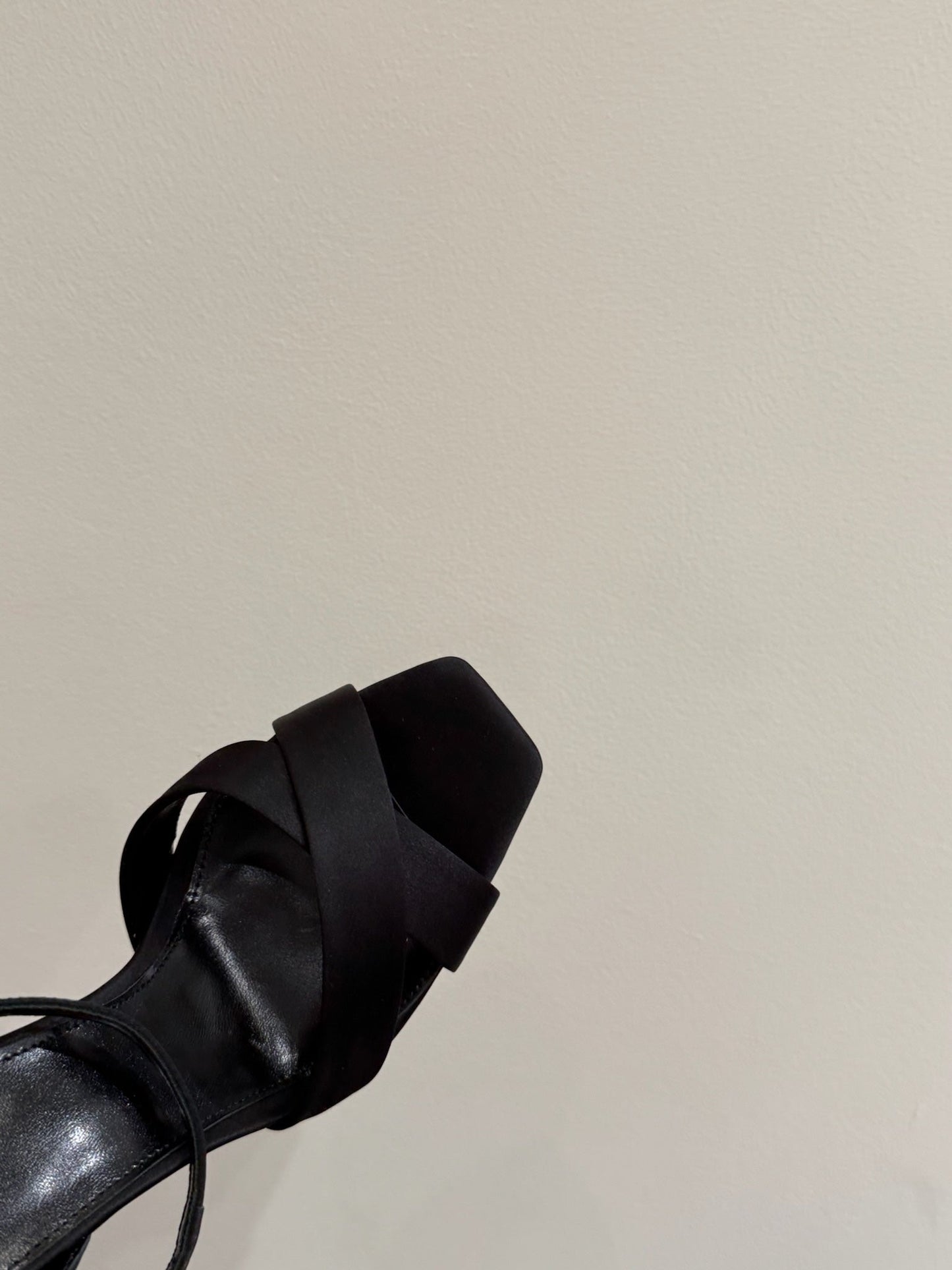 YSL STRAPPY WEDGE SANDALS 25S IN BLACK SATIN - 35