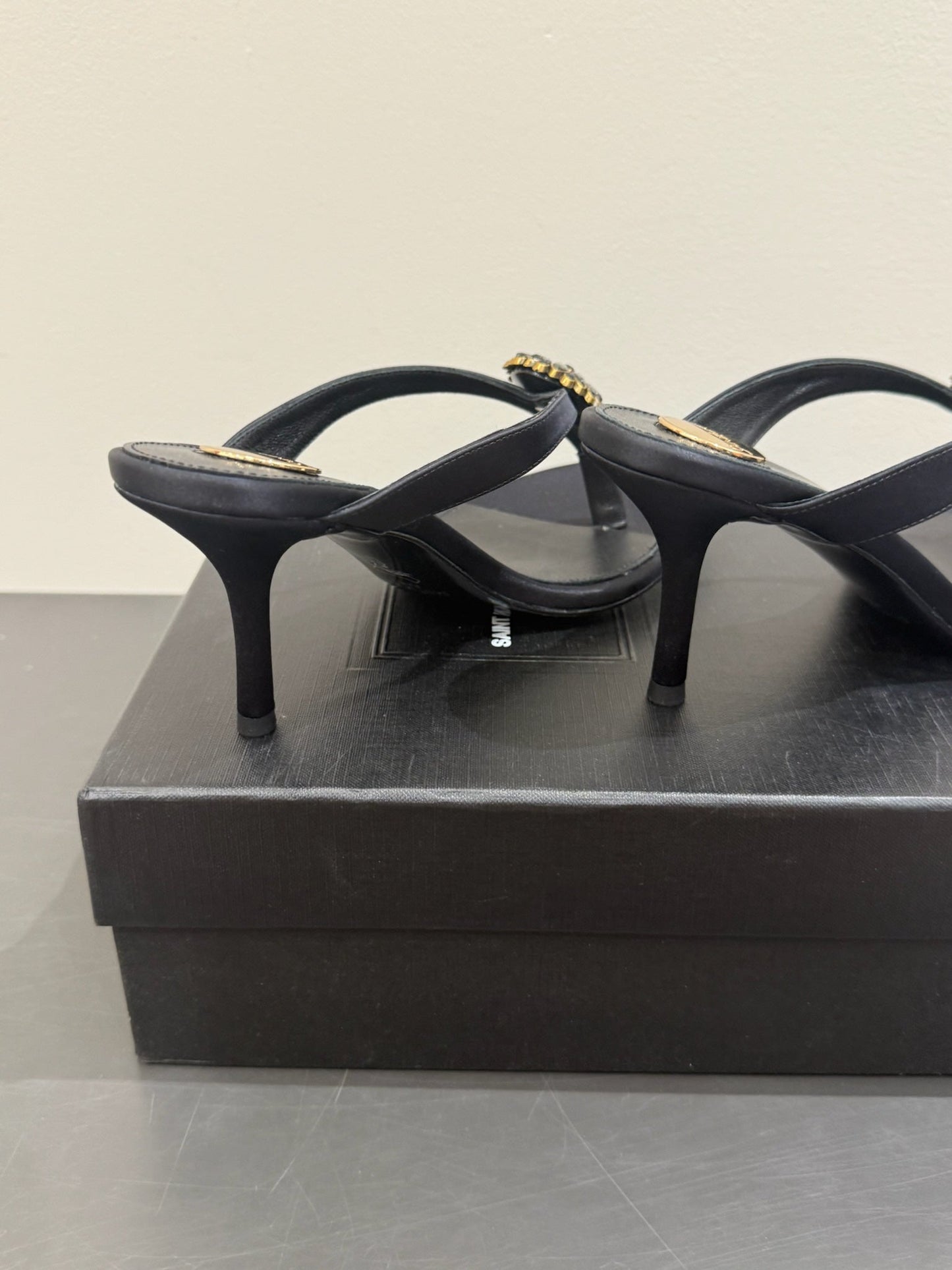 YSL HEELED THONG SANDALS 25S IN BLACK SATIN WITH CRYSTAL - 35