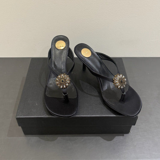 YSL HEELED THONG SANDALS 25S IN BLACK SATIN WITH CRYSTAL - 35