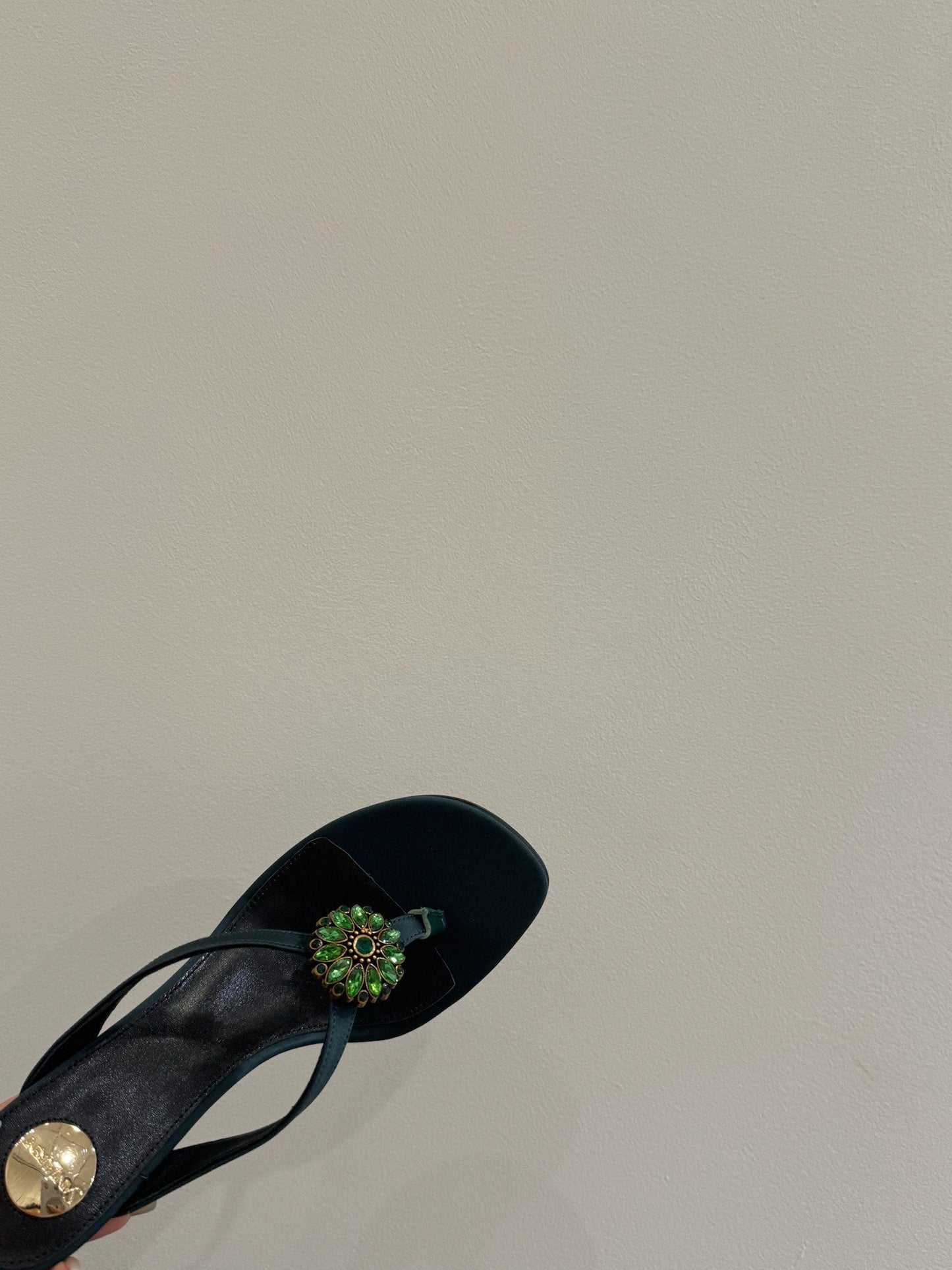 YSL HEELED THONG SANDALS 25S IN DARK ARMY GREEN SATIN WITH CRYSTAL - 35
