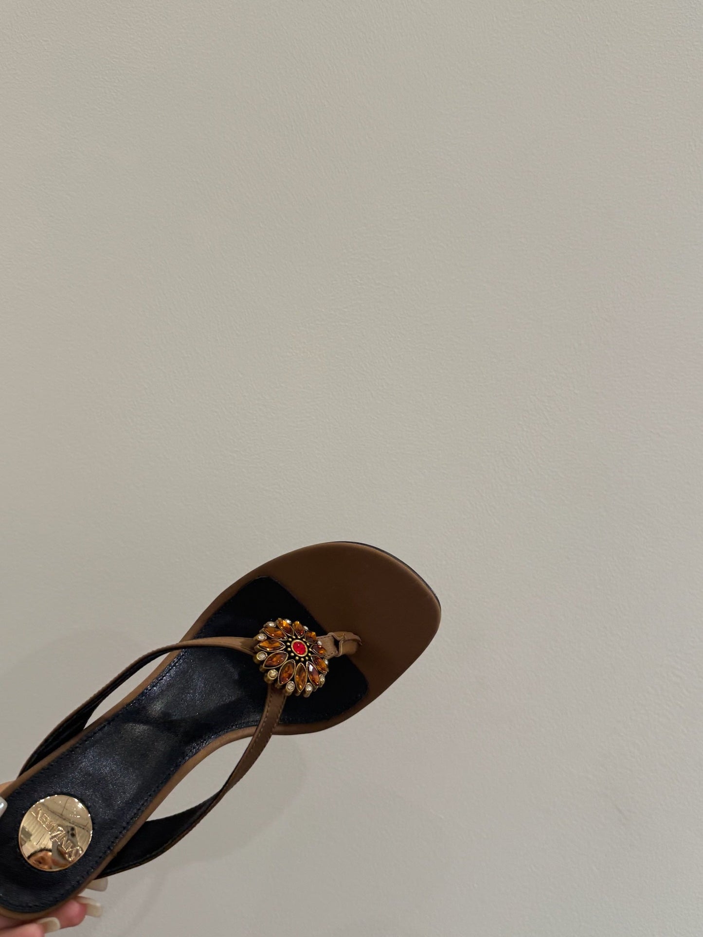 YSL HEELED THONG SANDALS 25S IN BROWN SATIN WITH CRYSTAL - 35