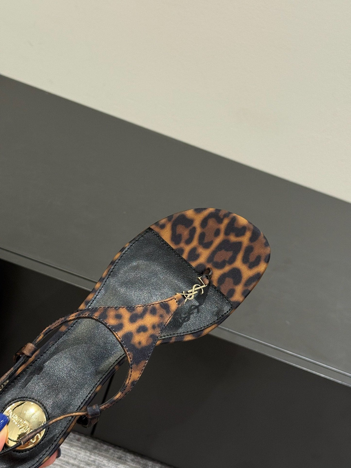 YSL WEDGE THONG SANDALS 25S IN LEOPARD LAMBSKIN WITH GOLD HARDWARE - 35