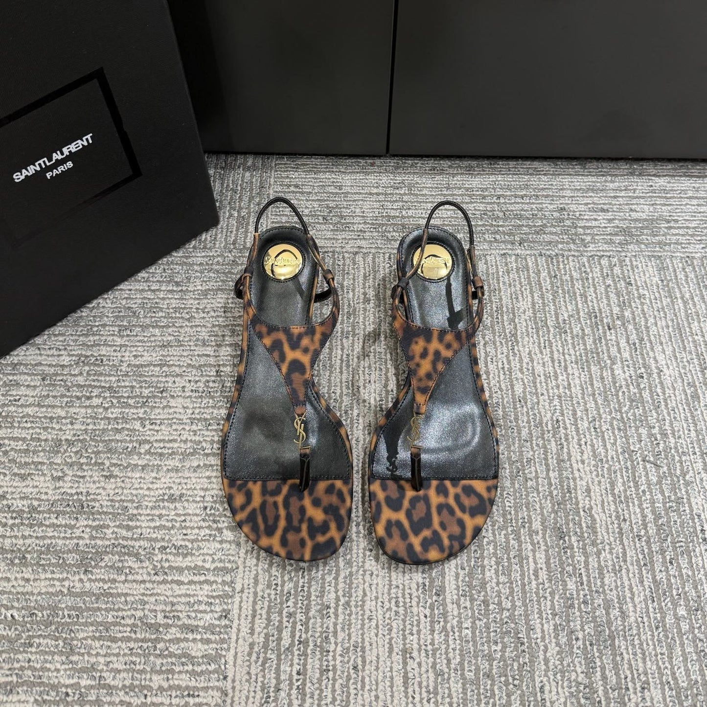 YSL WEDGE THONG SANDALS 25S IN LEOPARD LAMBSKIN WITH GOLD HARDWARE - 35