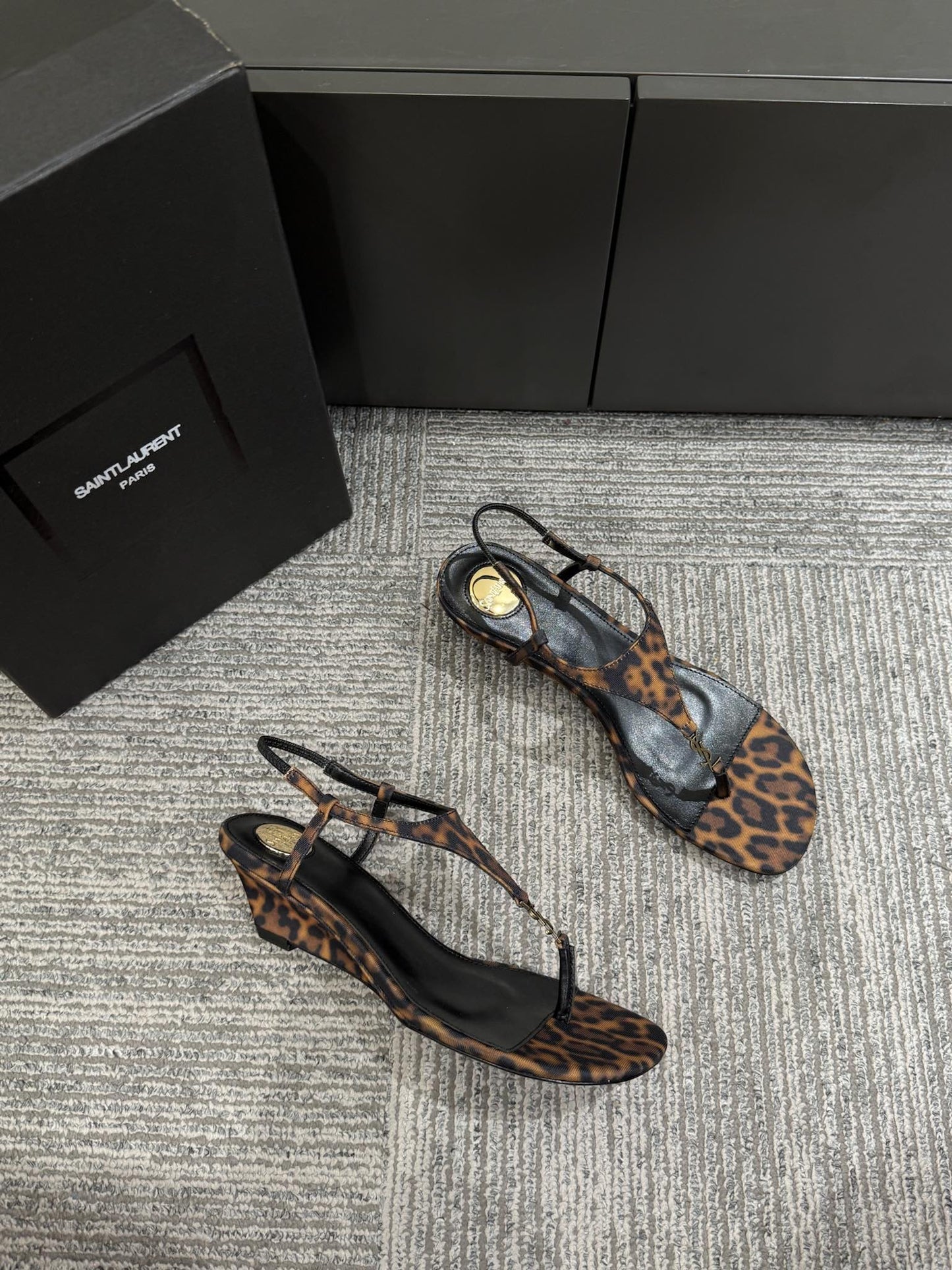 YSL WEDGE THONG SANDALS 25S IN LEOPARD LAMBSKIN WITH GOLD HARDWARE - 35