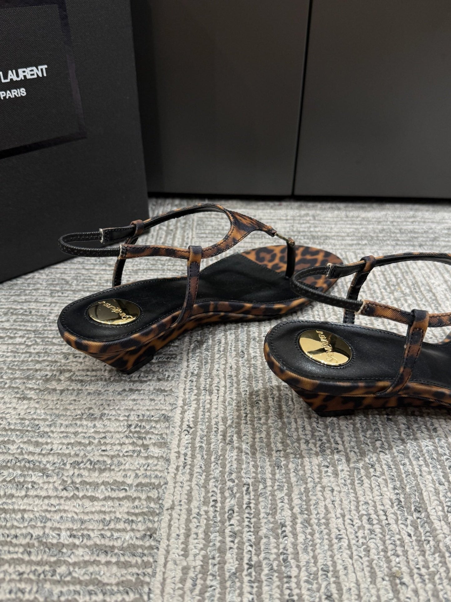 YSL WEDGE THONG SANDALS 25S IN LEOPARD LAMBSKIN WITH GOLD HARDWARE - 35