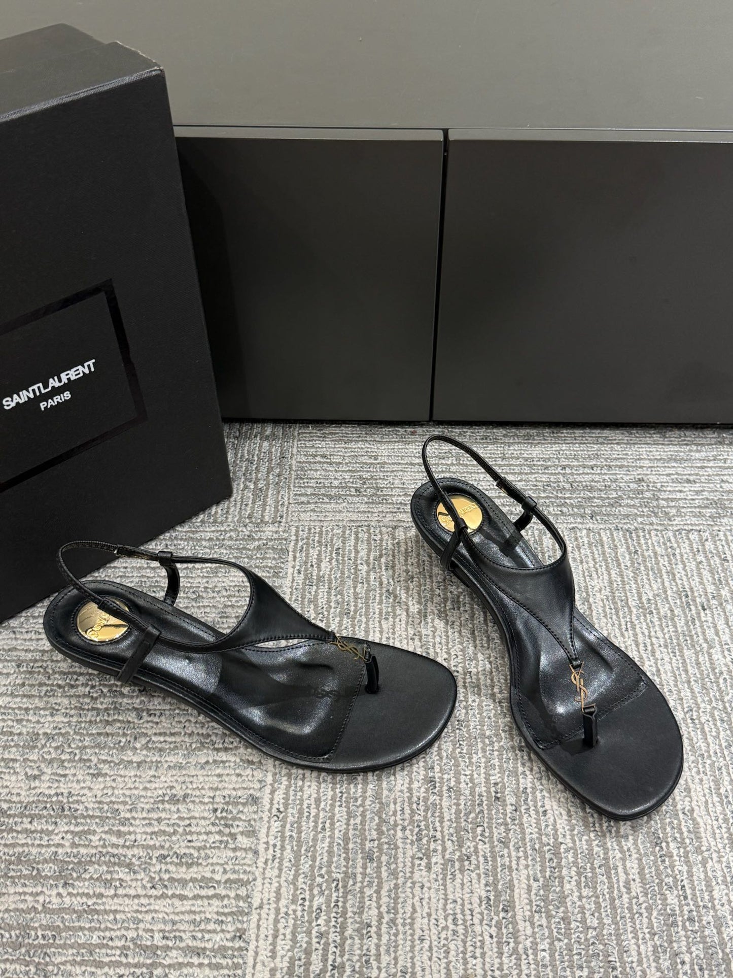 YSL WEDGE THONG SANDALS 25S IN BLACK LAMBSKIN WITH GOLD HARDWARE - 35