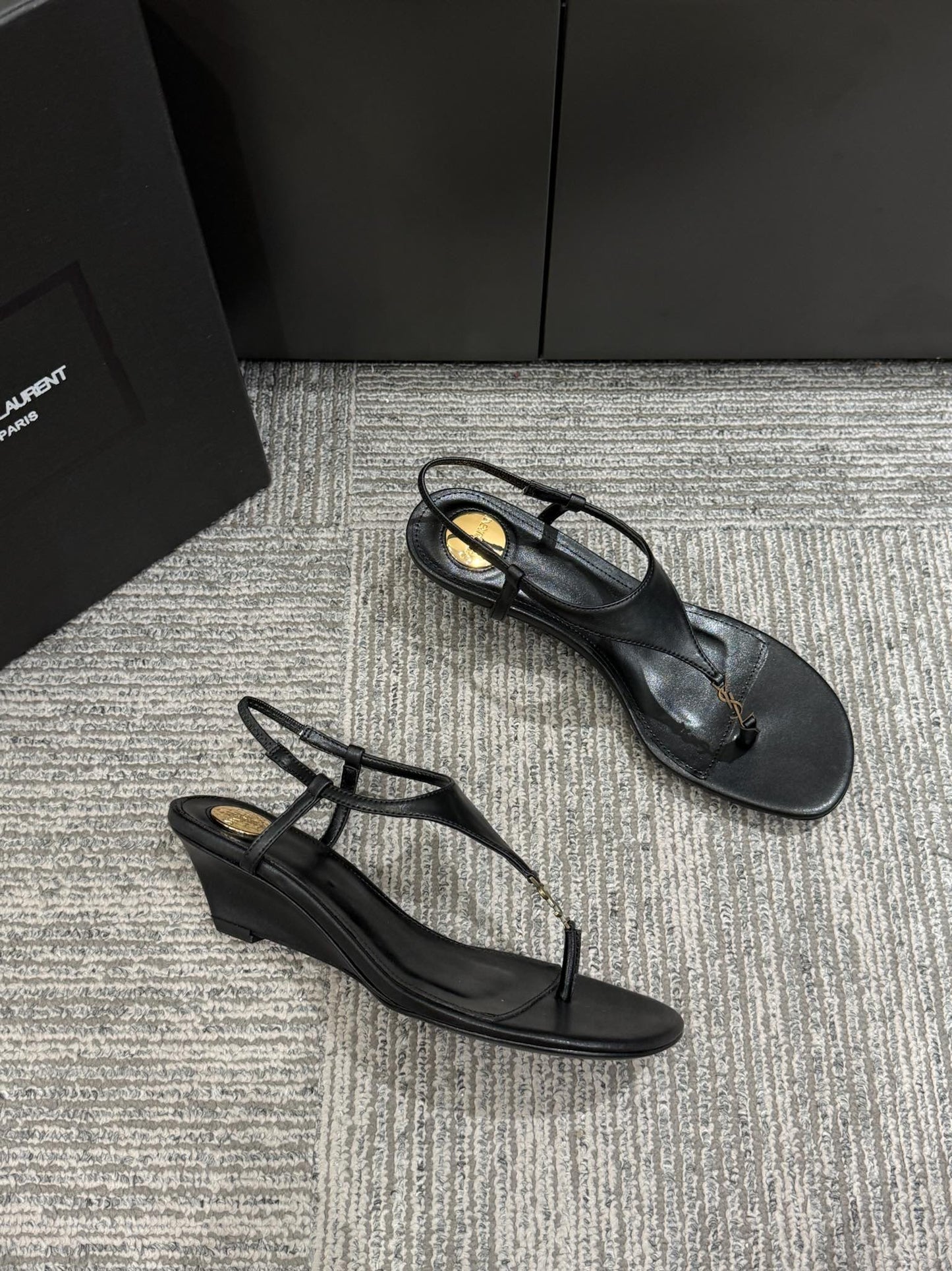 YSL WEDGE THONG SANDALS 25S IN BLACK LAMBSKIN WITH GOLD HARDWARE - 35