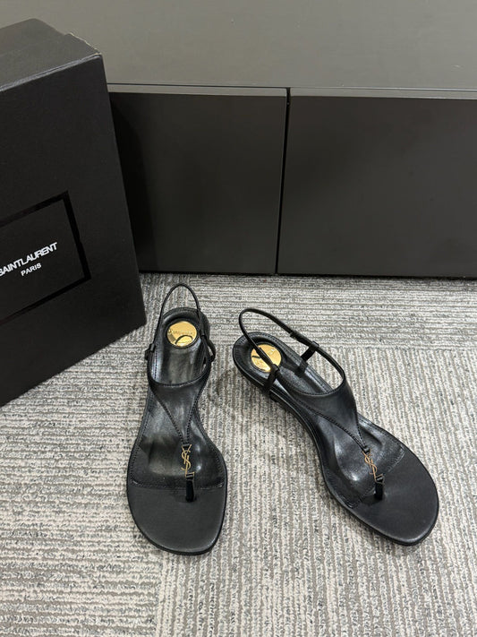 YSL WEDGE THONG SANDALS 25S IN BLACK LAMBSKIN WITH GOLD HARDWARE - 35